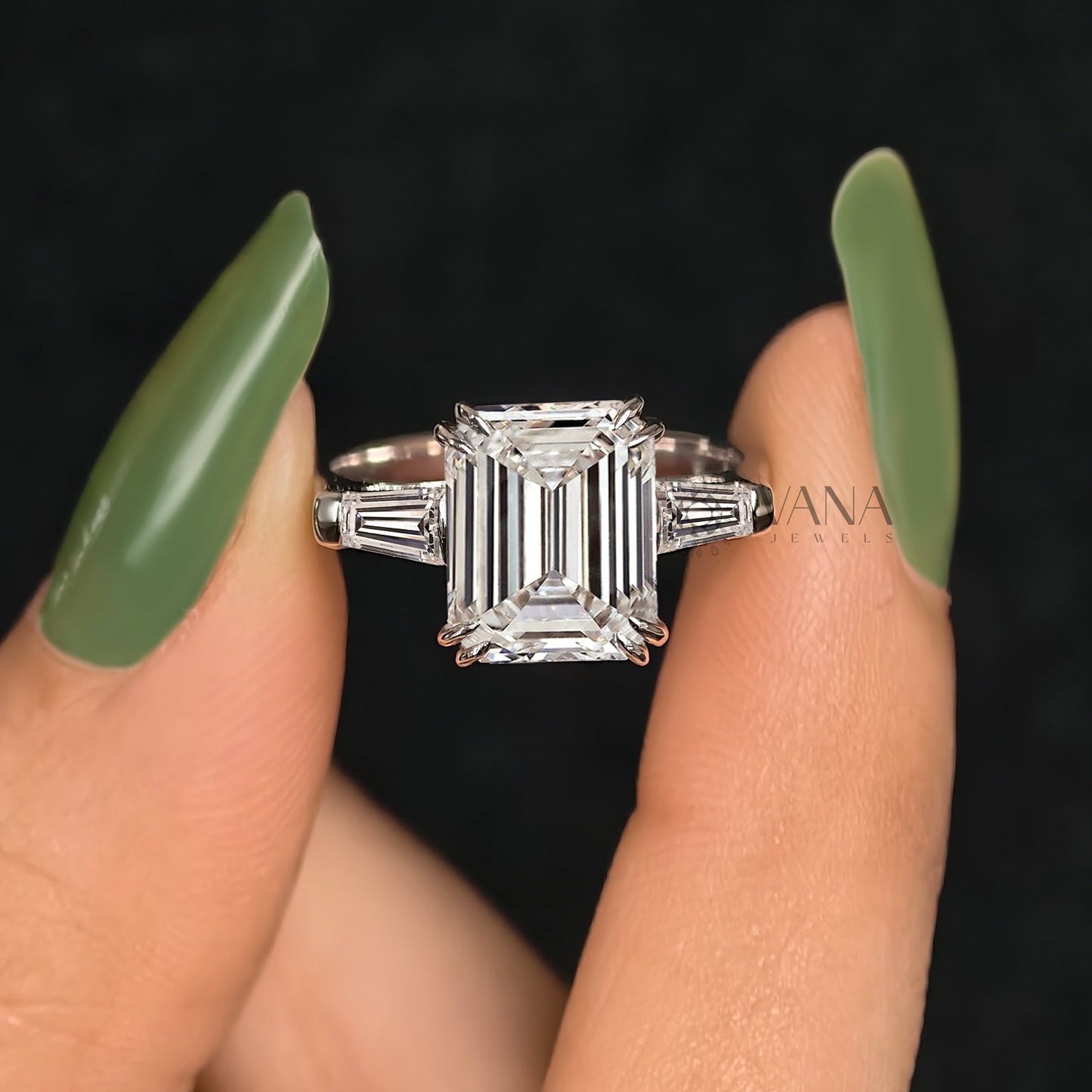 Three Stone Lab-Grown Diamond Engagement Ring with Emerald Cut Center & Tapered Baguette Side