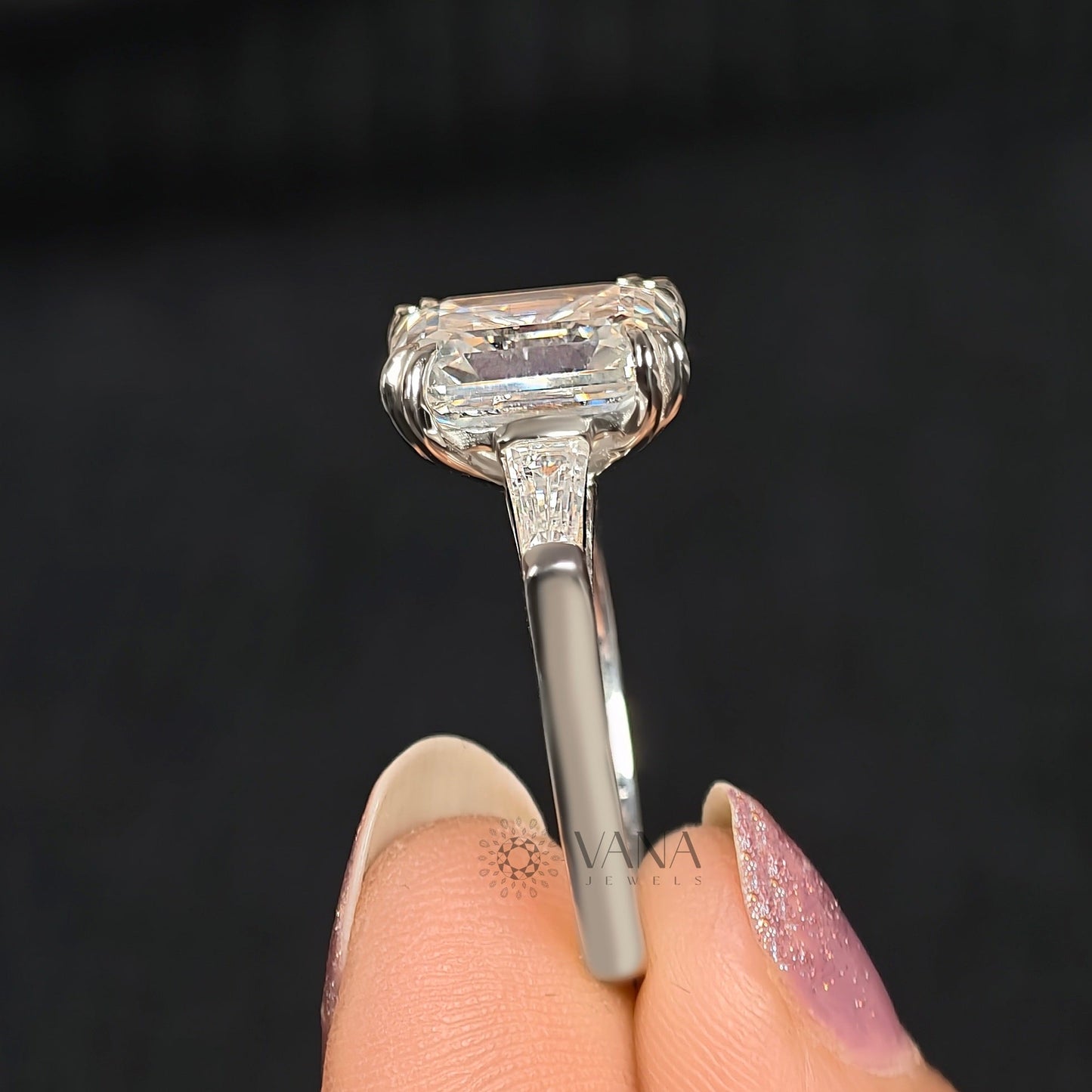 Three Stone Lab-Grown Diamond Engagement Ring with Emerald Cut Center & Tapered Baguette Side