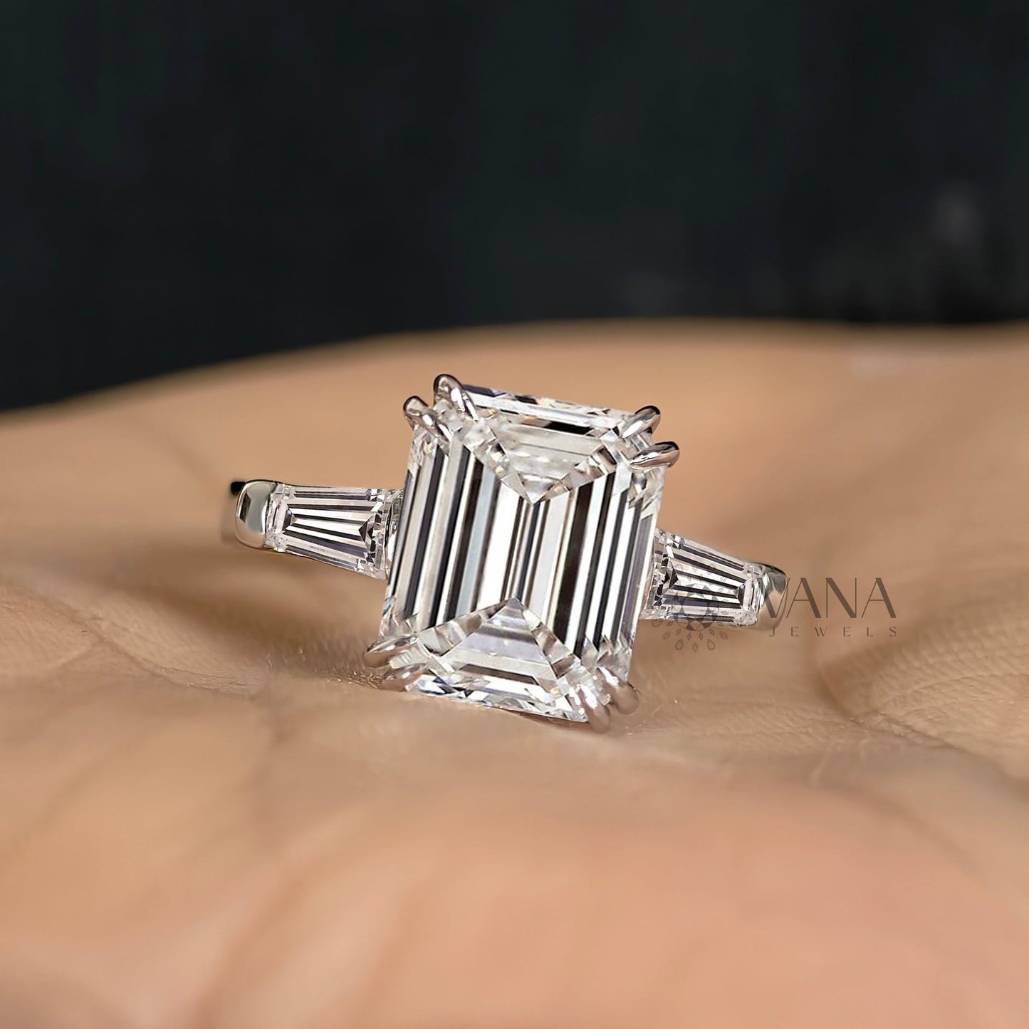 Three Stone Lab-Grown Diamond Engagement Ring with Emerald Cut Center & Tapered Baguette Side