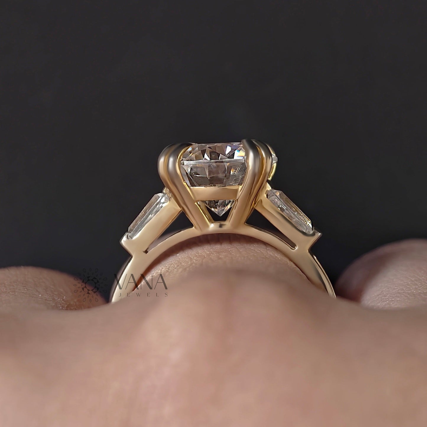 Round Lab-Grown Diamond Three Stone Engagement Ring with Tapered Baguette Sides