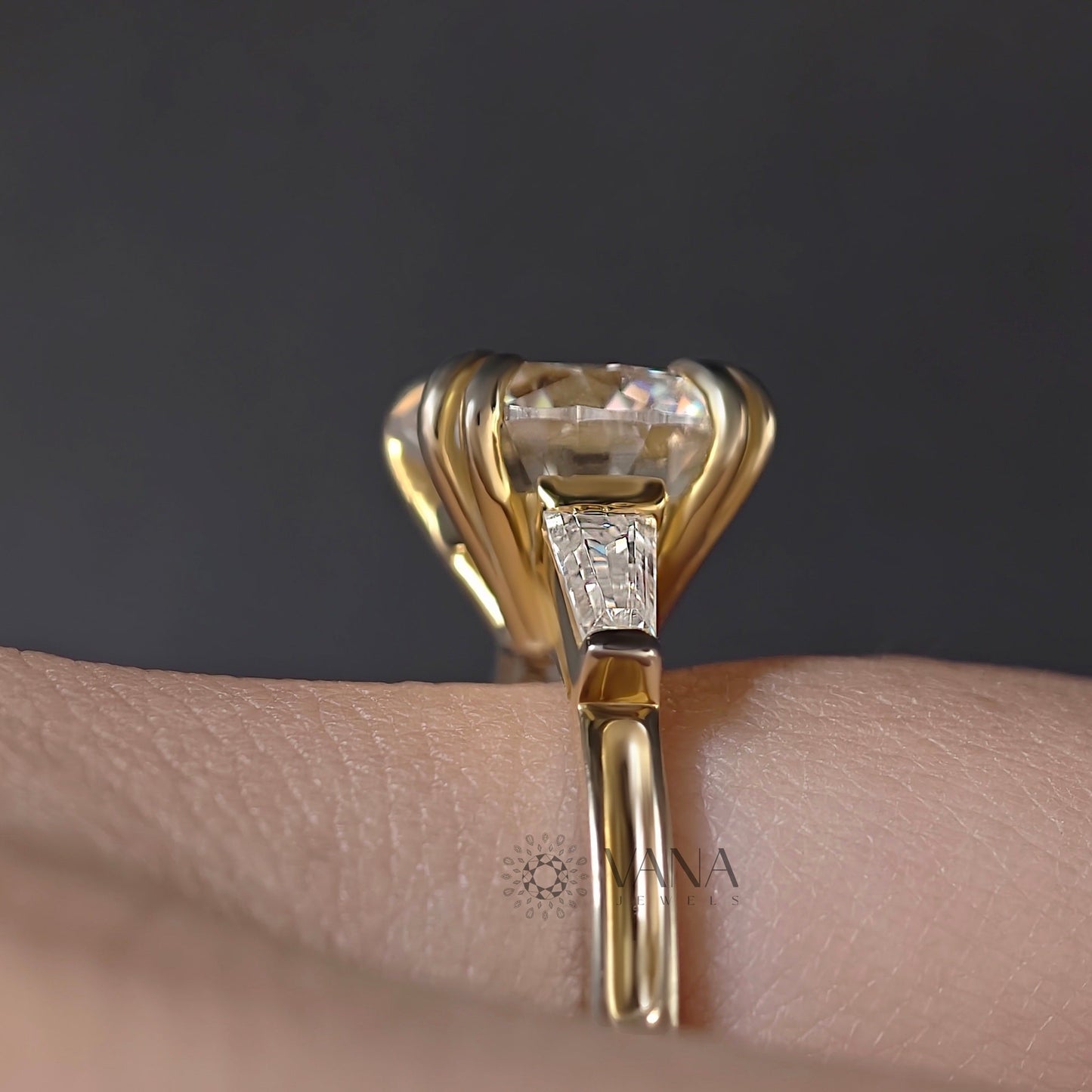Round Lab-Grown Diamond Three Stone Engagement Ring with Tapered Baguette Sides