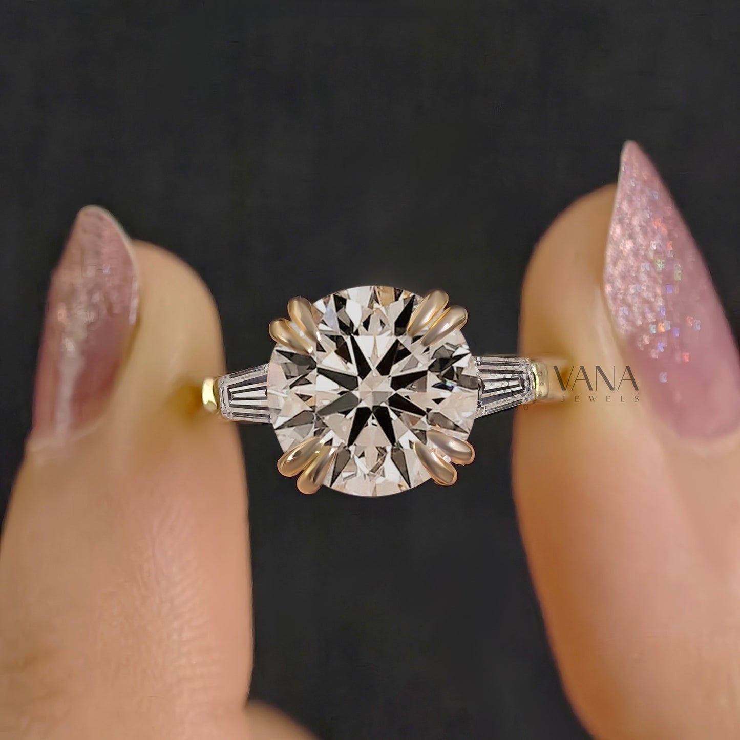 Round Lab-Grown Diamond Three Stone Engagement Ring with Tapered Baguette Sides