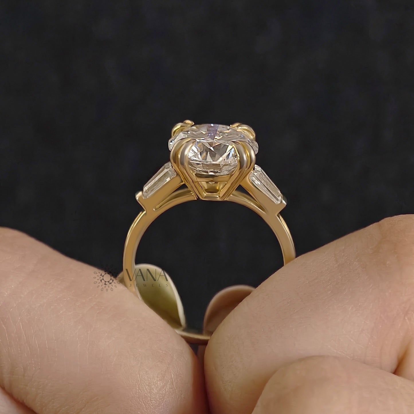 Round Lab-Grown Diamond Three Stone Engagement Ring with Tapered Baguette Sides