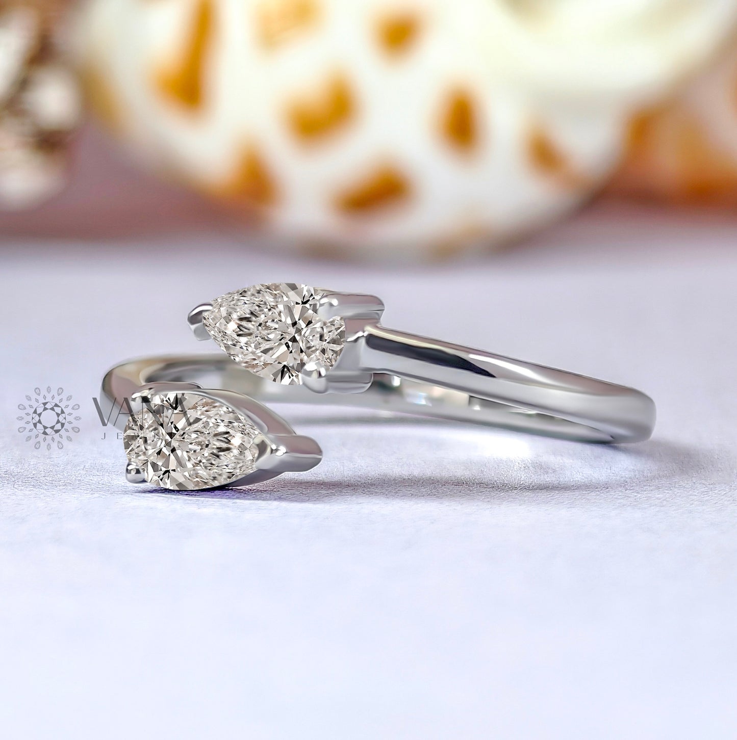 White Gold Pear Cut Moissanite Toi Et Moi Wedding Band with Bypass Shank