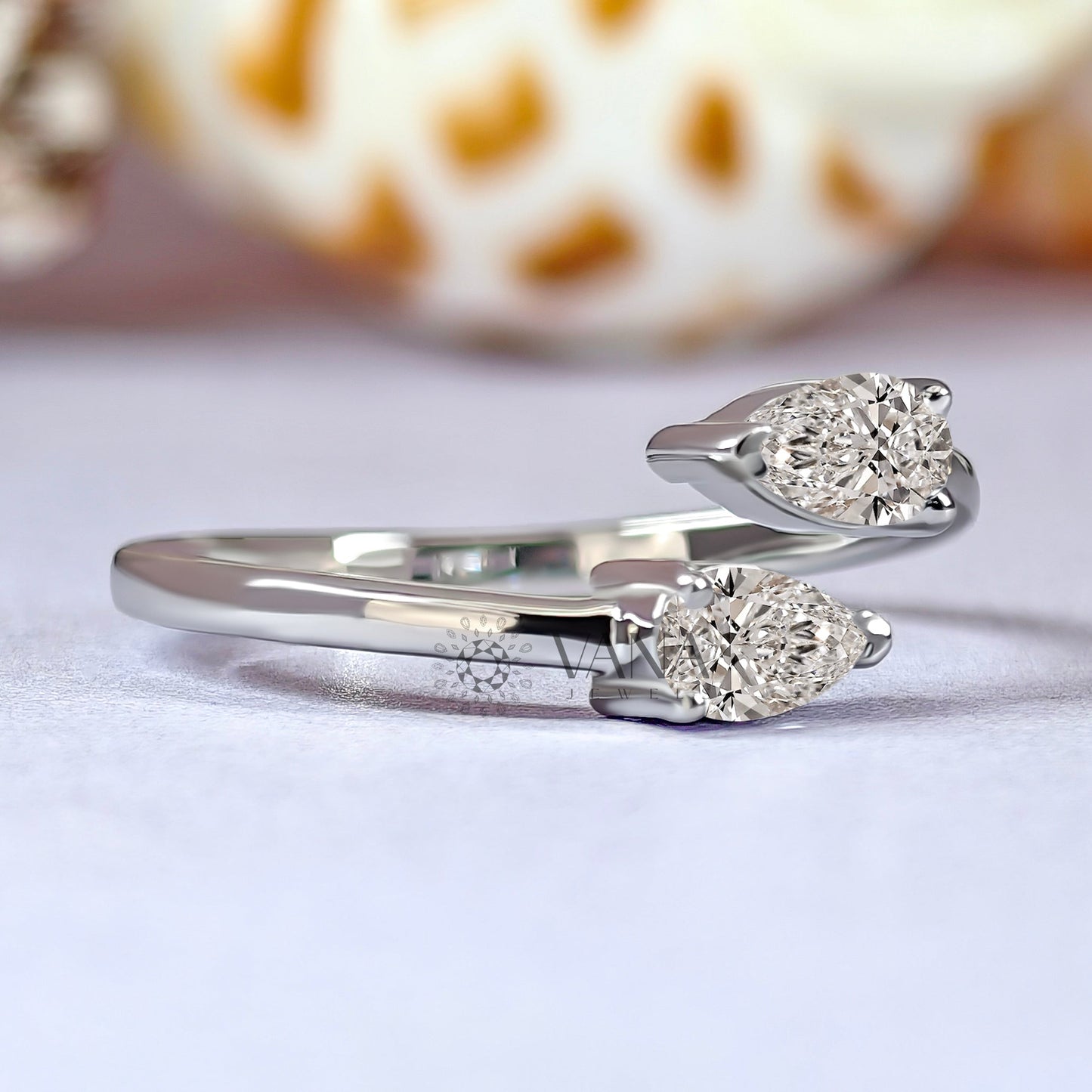 White Gold Pear Cut Moissanite Toi Et Moi Wedding Band with Bypass Shank