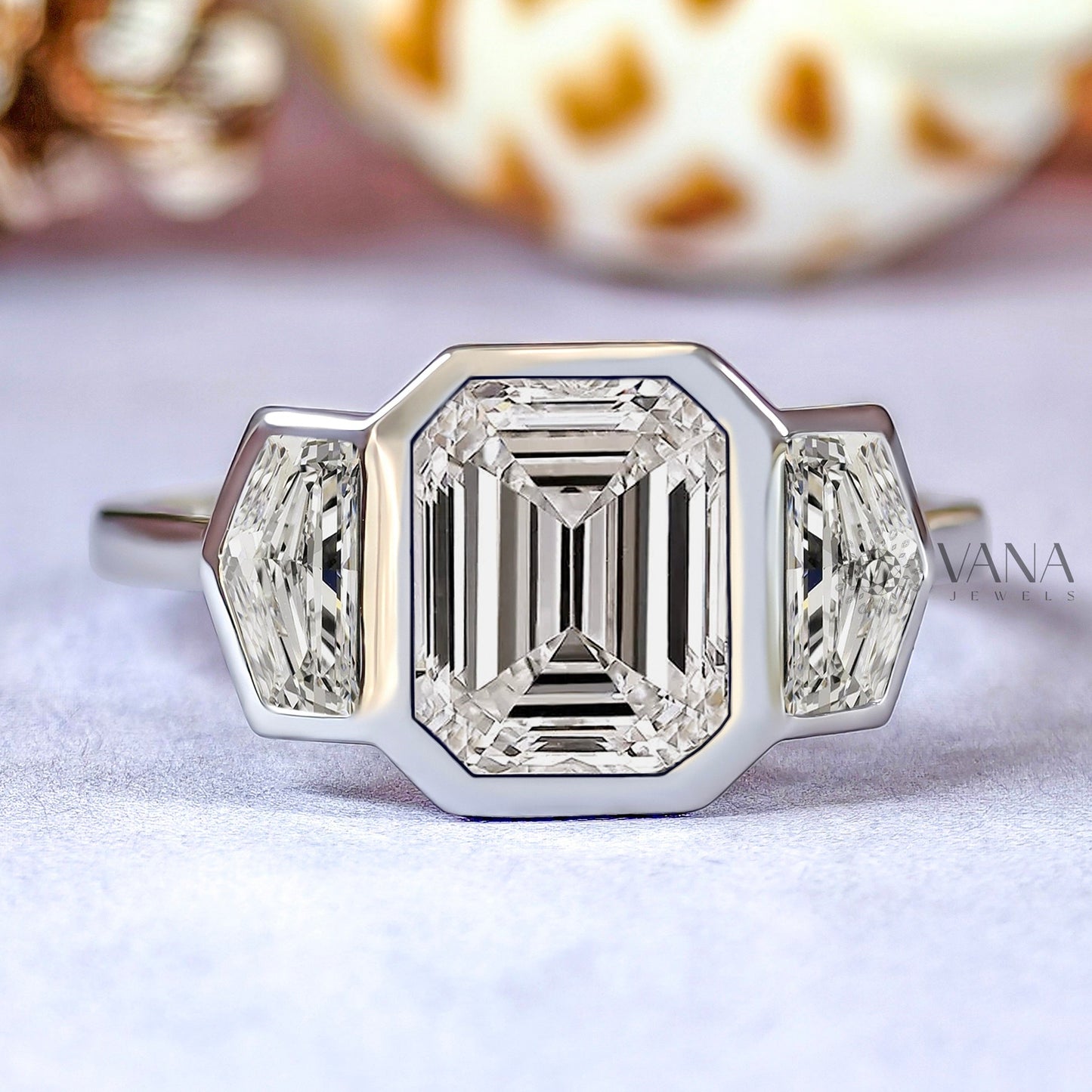 Bezel Set Emerald Cut Moissanite Three Stone Engagement Ring with Cadillac Side Stones
