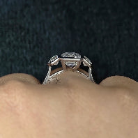 Bezel Set Emerald Cut Moissanite Three Stone Engagement Ring with Cadillac Side Stones