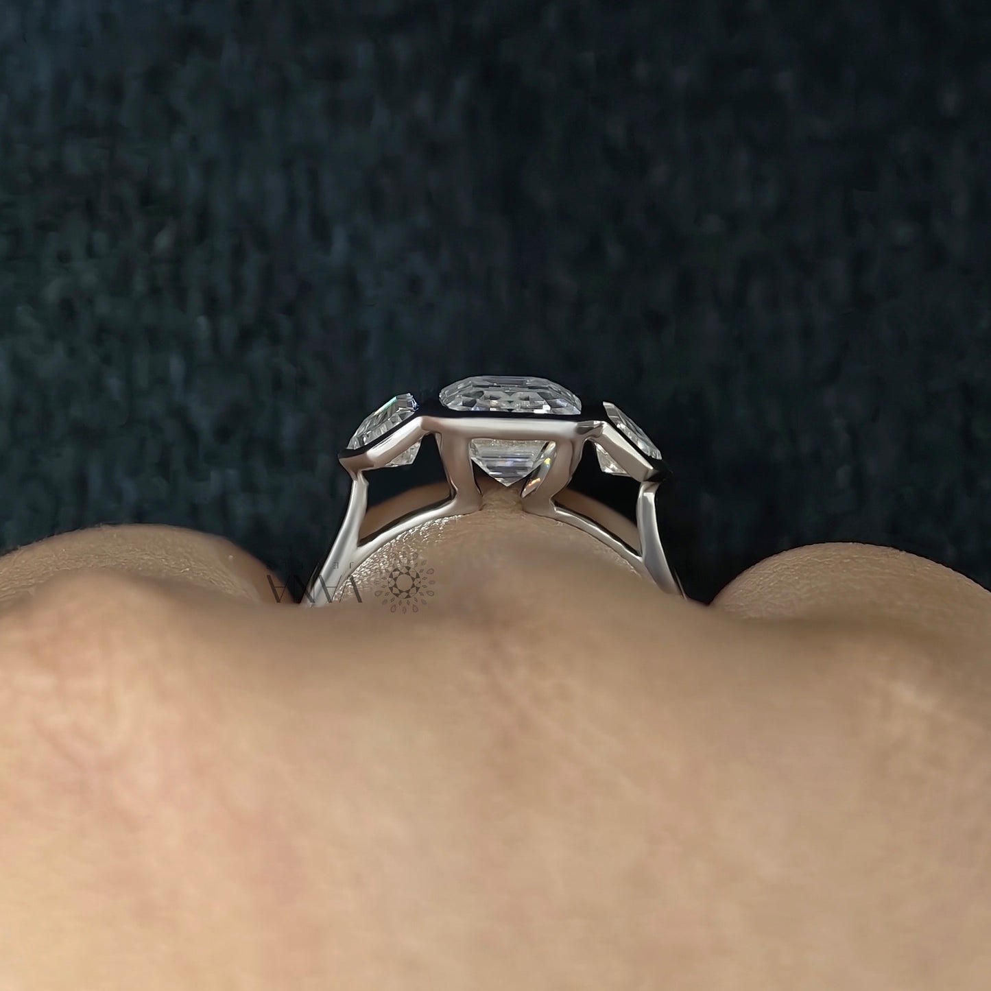 Three Stone Emerald Cut Lab-Grown Diamond Engagement Ring with Side Cadillac Stone