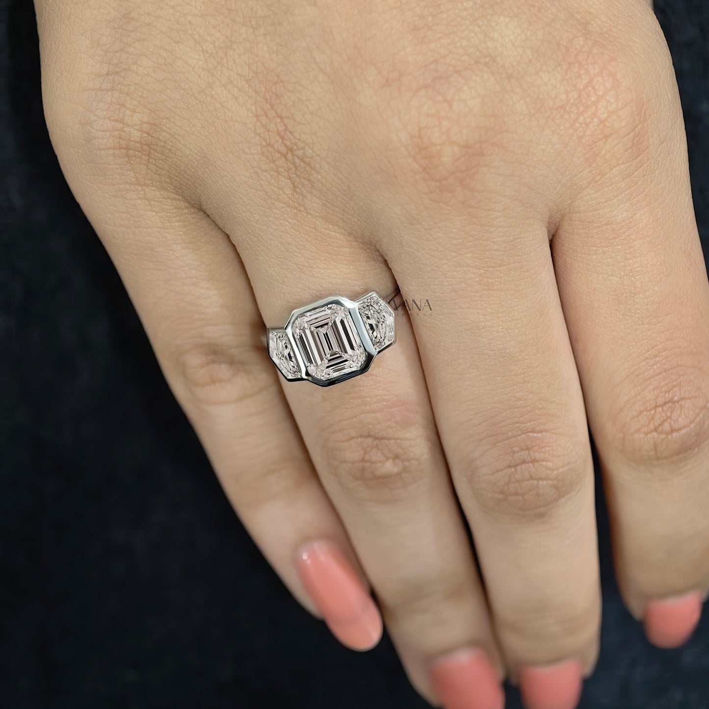 Three Stone Emerald Cut Lab-Grown Diamond Engagement Ring with Side Cadillac Stone