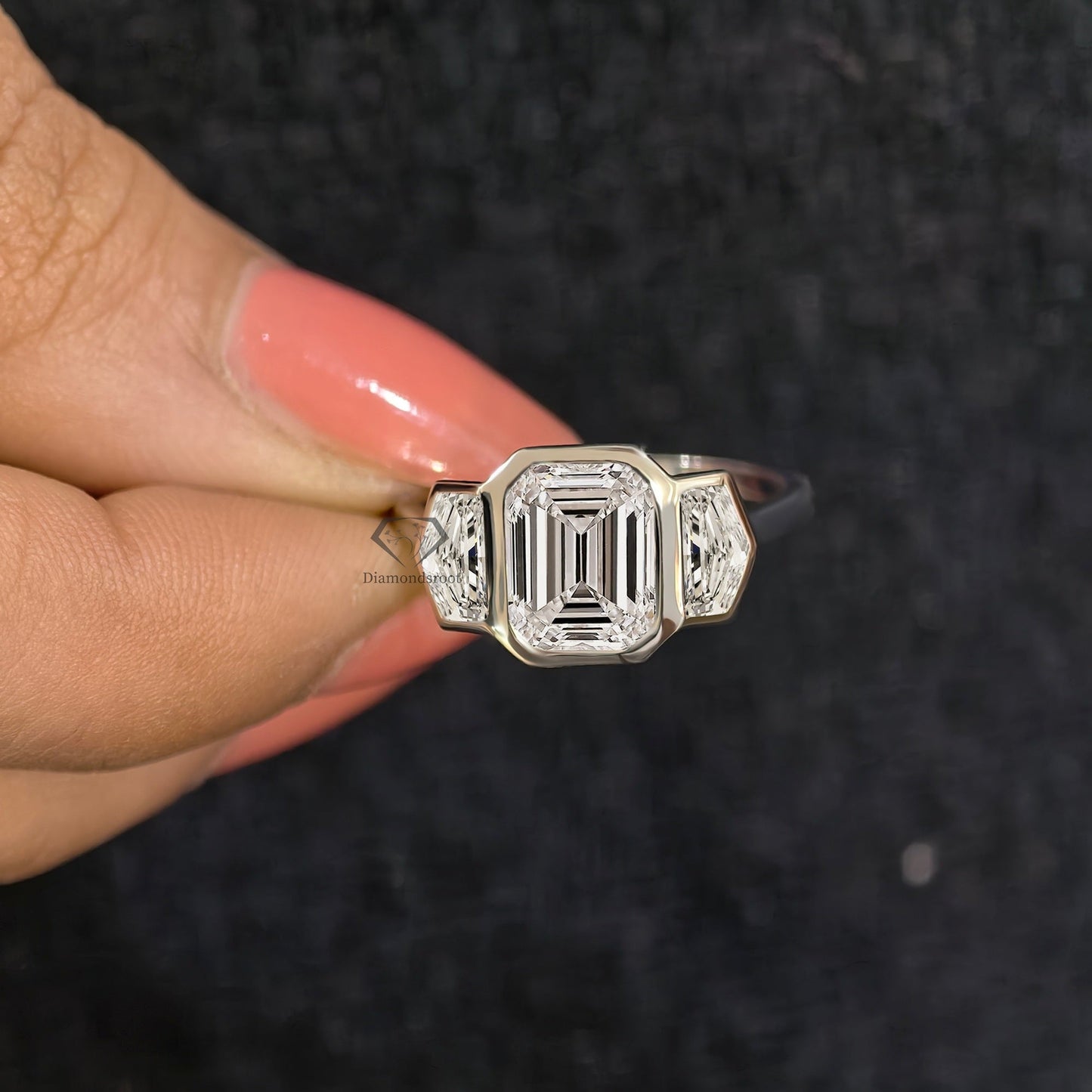 Three Stone Emerald Cut Lab-Grown Diamond Engagement Ring with Side Cadillac Stone