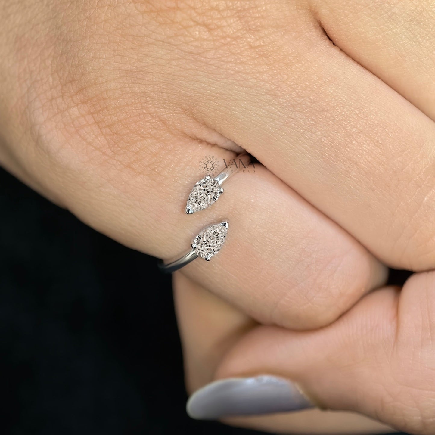 White Gold Pear Cut Moissanite Toi Et Moi Wedding Band with Bypass Shank