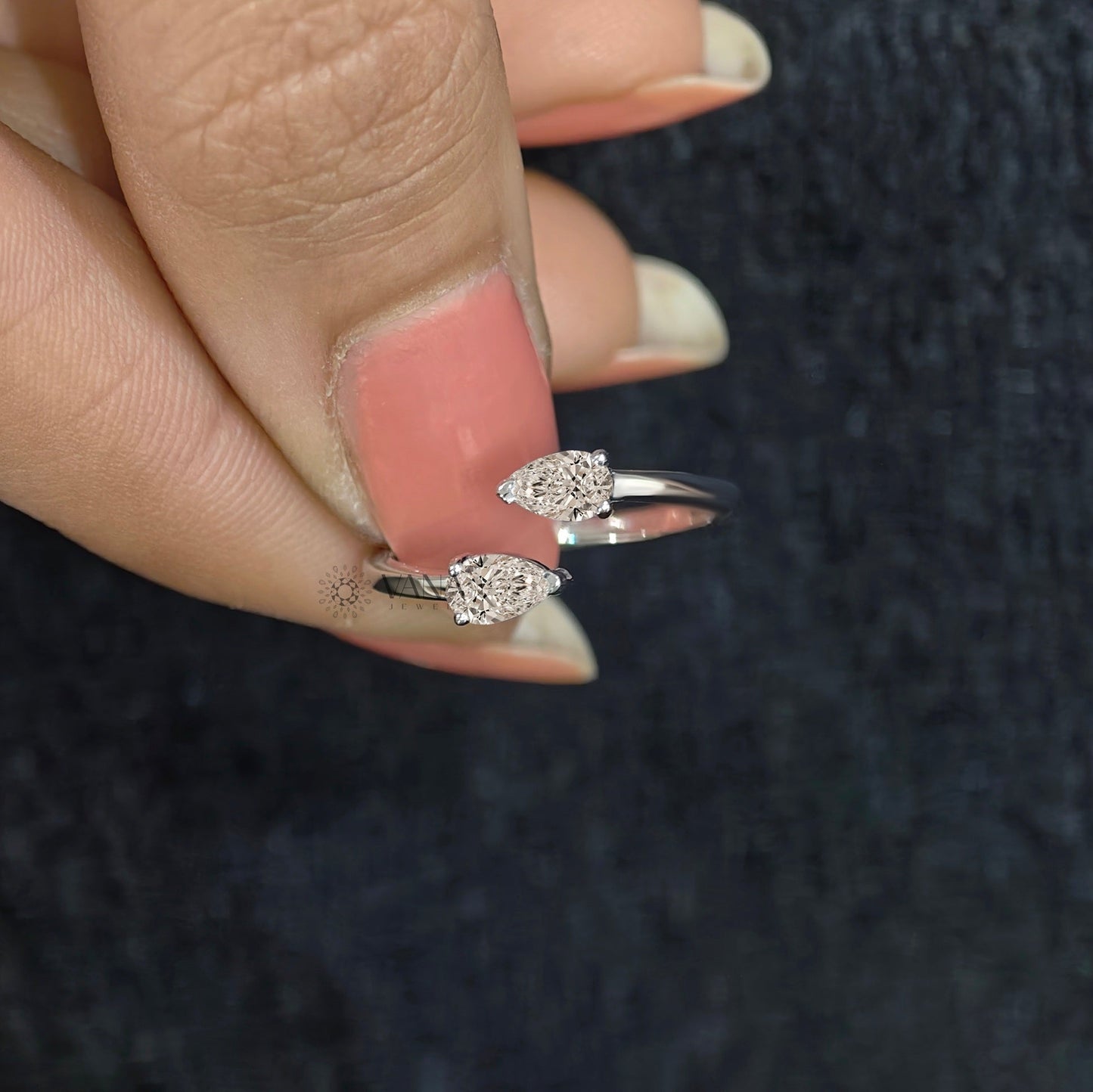 White Gold Pear Cut Moissanite Toi Et Moi Wedding Band with Bypass Shank