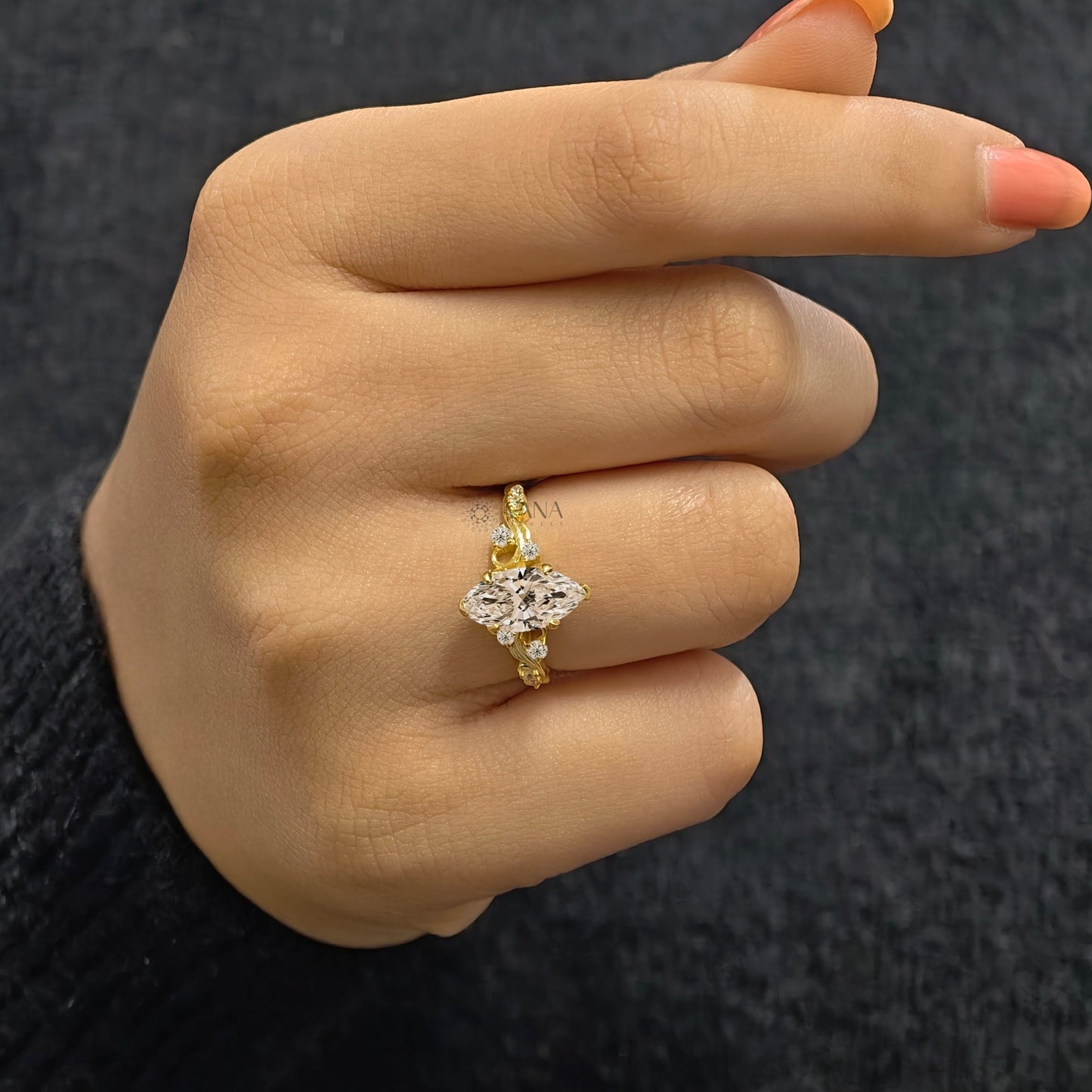 Unique Marquise Cut Moissanite Fairy Flower Engagement Ring Art Deco Style