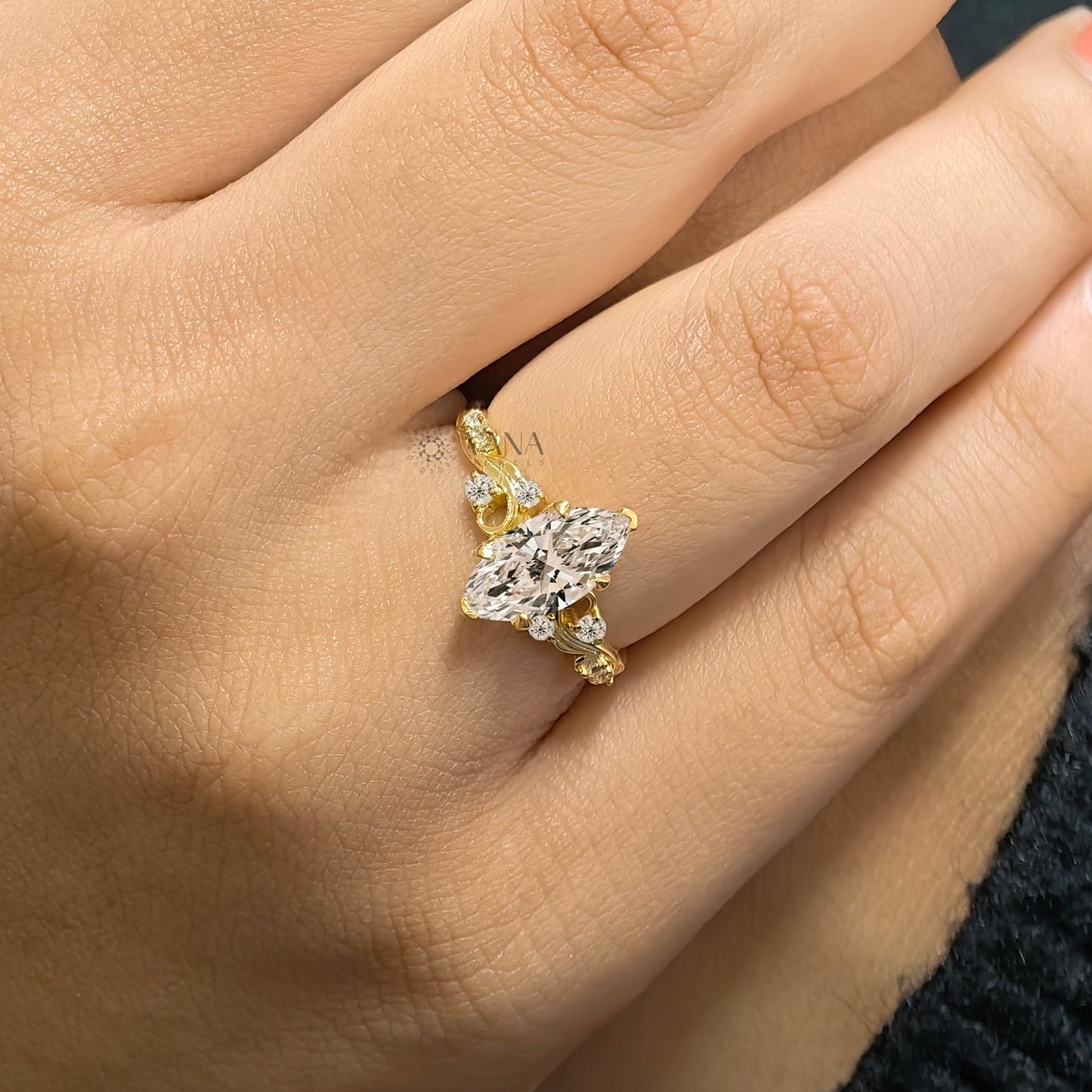 Unique Marquise Cut Moissanite Fairy Flower Engagement Ring Art Deco Style