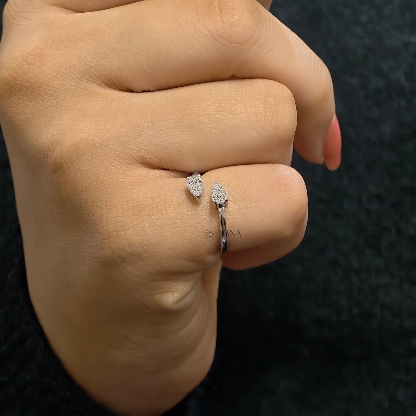 White Gold Pear Cut Moissanite Toi Et Moi Wedding Band with Bypass Shank