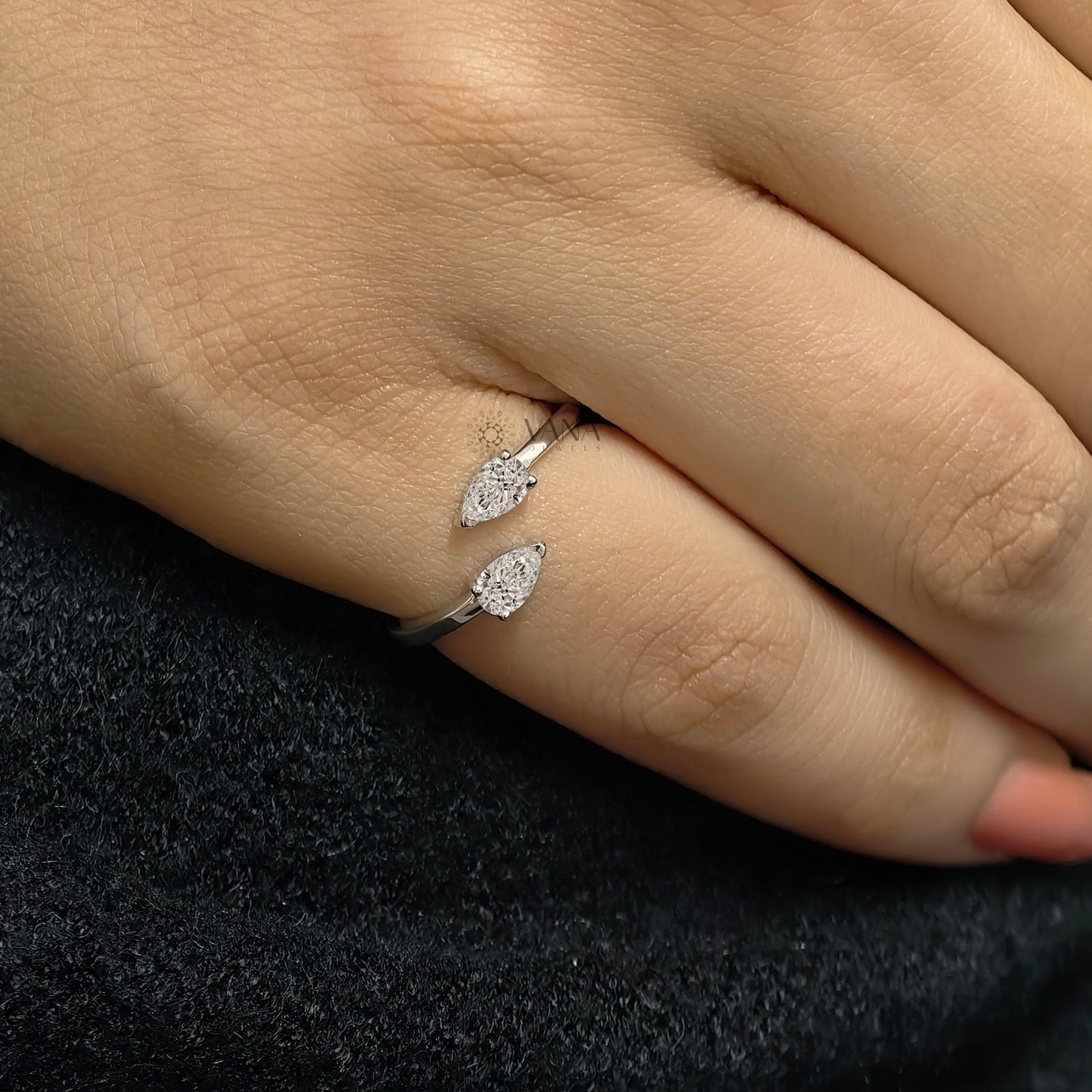 White Gold Pear Cut Moissanite Toi Et Moi Wedding Band with Bypass Shank