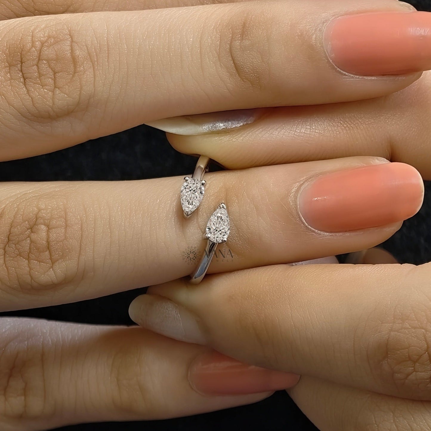 White Gold Pear Cut Moissanite Toi Et Moi Wedding Band with Bypass Shank