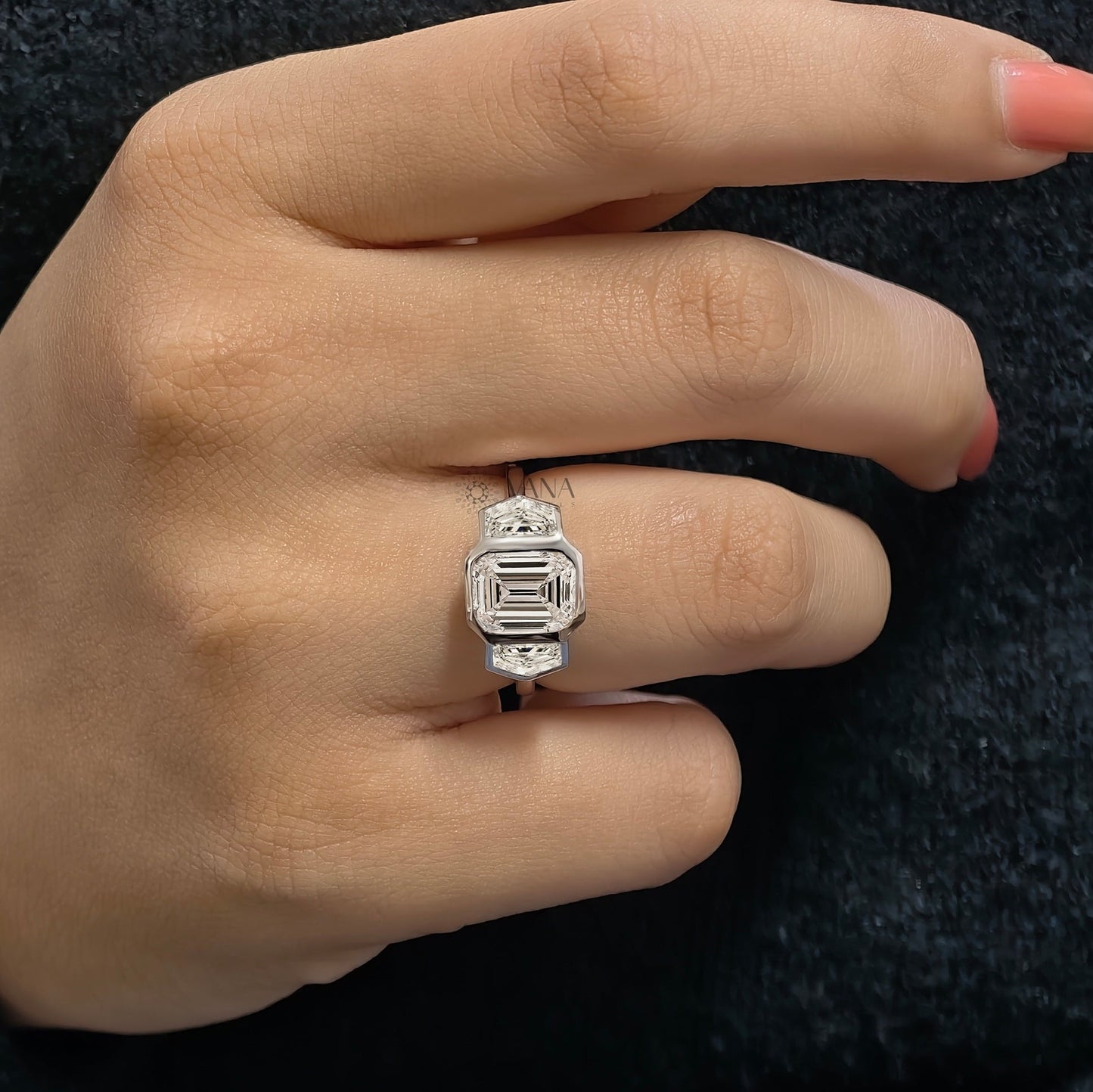 Bezel Set Emerald Cut Moissanite Three Stone Engagement Ring with Cadillac Side Stones