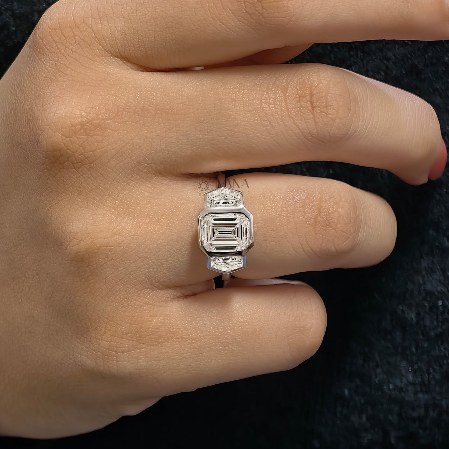 Three Stone Emerald Cut Lab-Grown Diamond Engagement Ring with Side Cadillac Stone