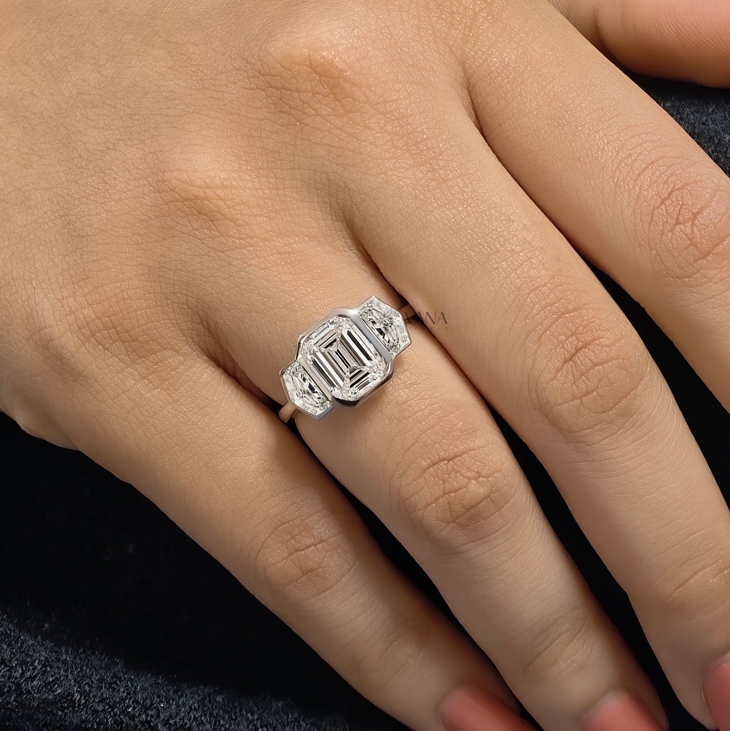 Three Stone Emerald Cut Lab-Grown Diamond Engagement Ring with Side Cadillac Stone