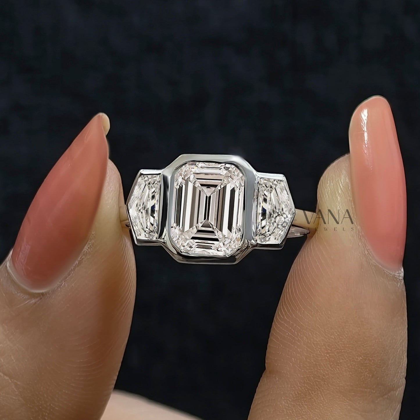 Bezel Set Emerald Cut Moissanite Three Stone Engagement Ring with Cadillac Side Stones