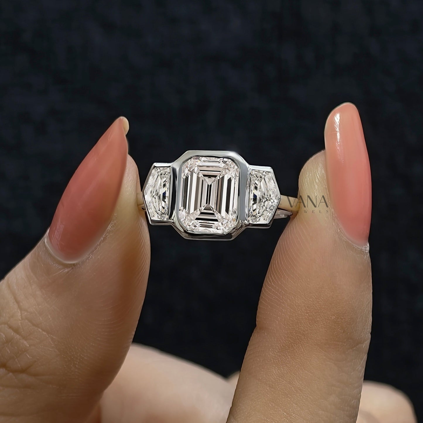 Three Stone Emerald Cut Lab-Grown Diamond Engagement Ring with Side Cadillac Stone