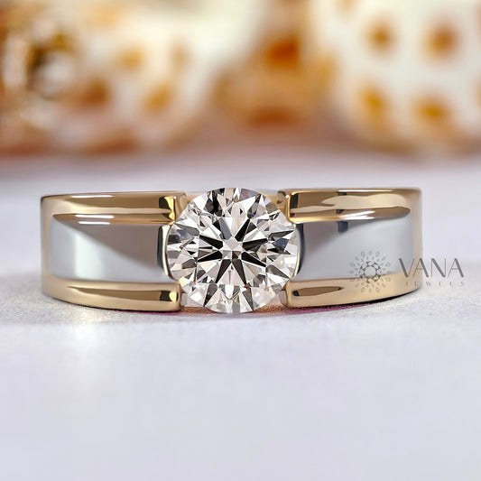 Round Cut Moissanite Wide Band Two Tone Gold Wedding Ring for Him