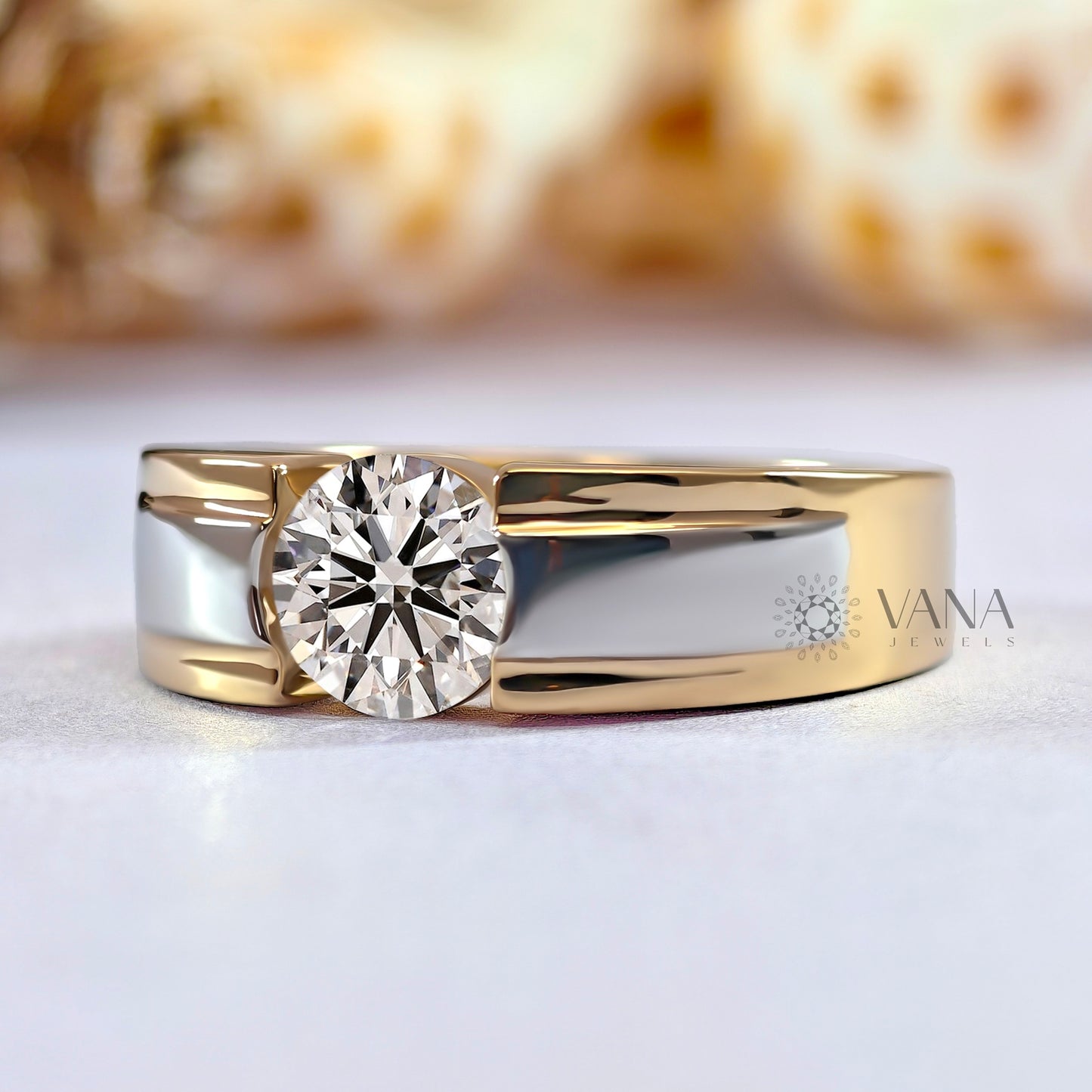 Round Cut Moissanite Wide Band Two Tone Gold Wedding Ring for Him