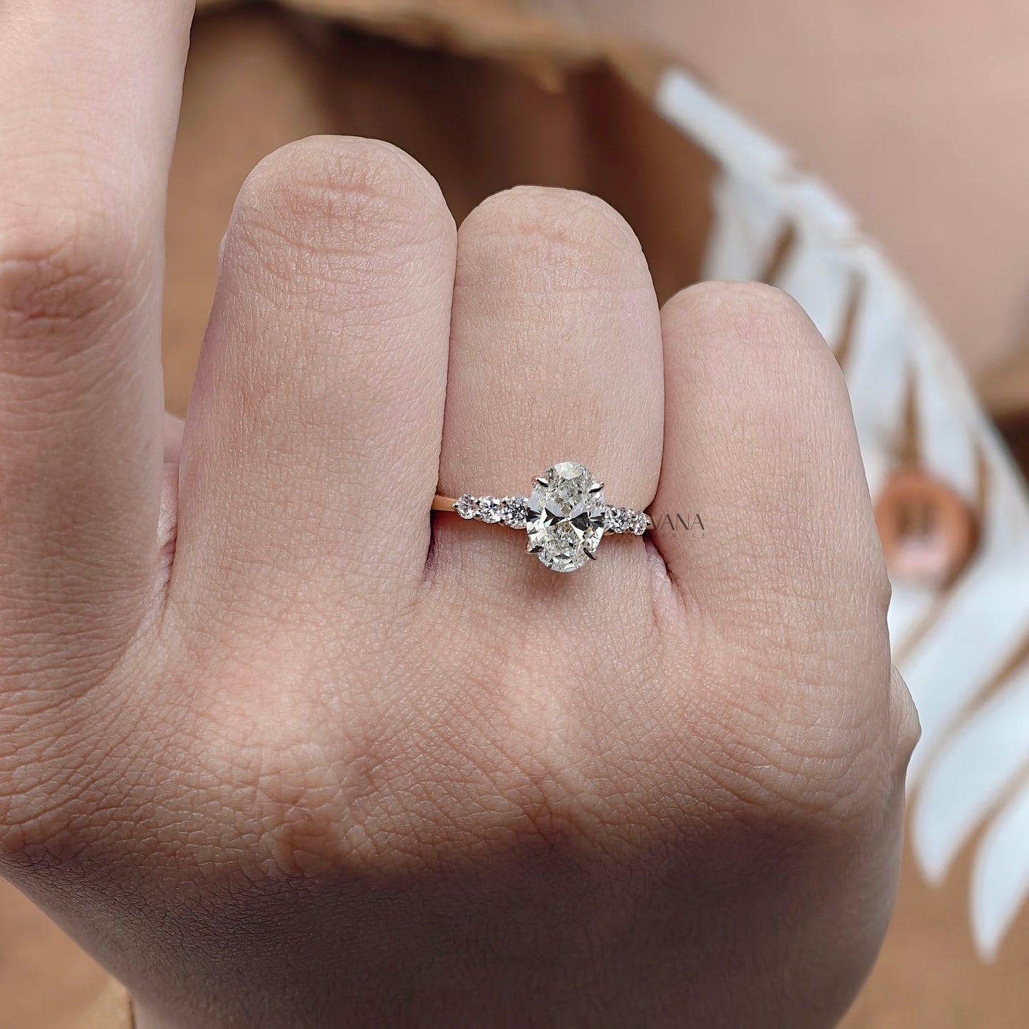 Oval Moissanite Engagement Ring with Round Side Stone Wedding Ring