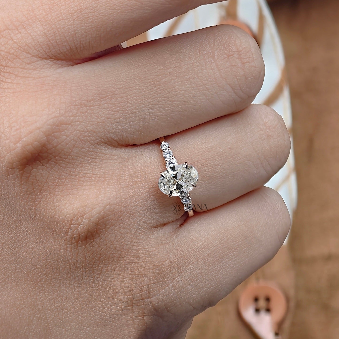 Oval Moissanite Engagement Ring with Round Side Stone Wedding Ring