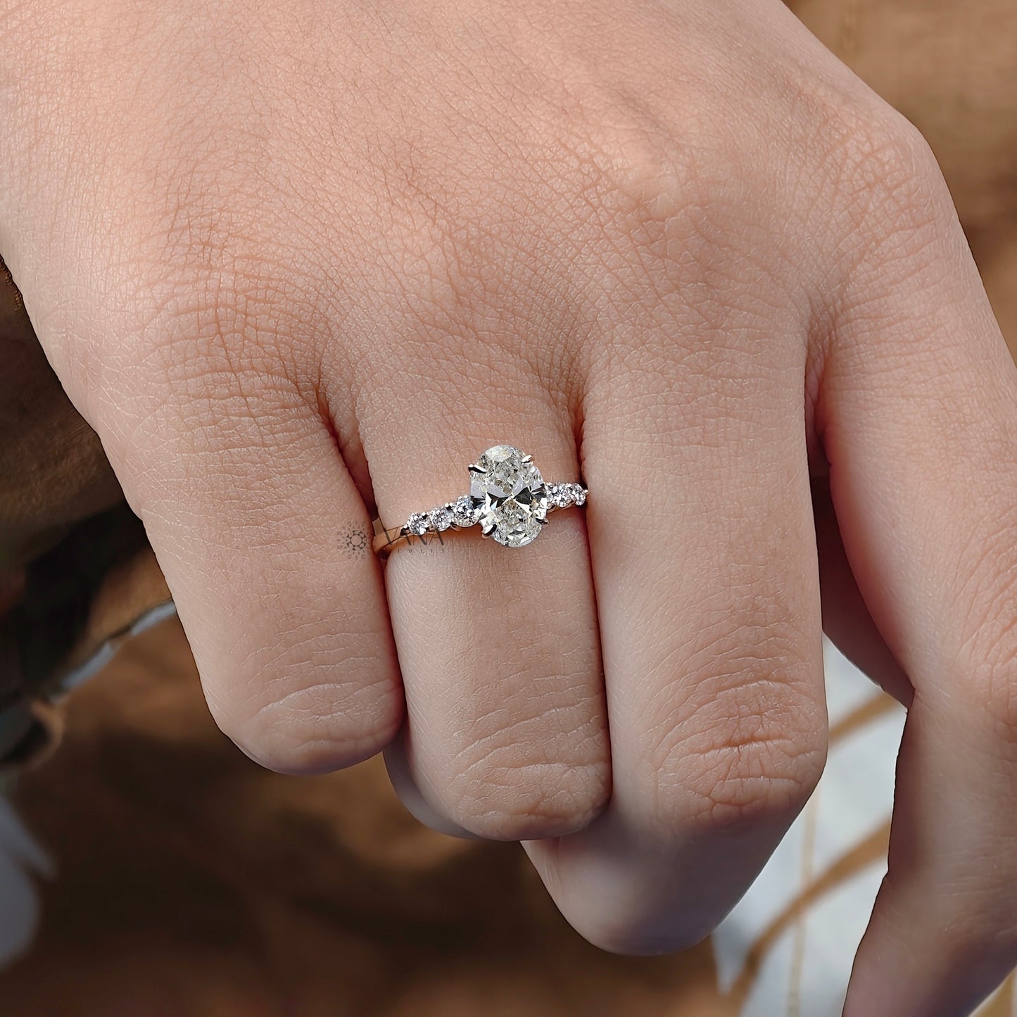 Oval Moissanite Engagement Ring with Round Side Stone Wedding Ring