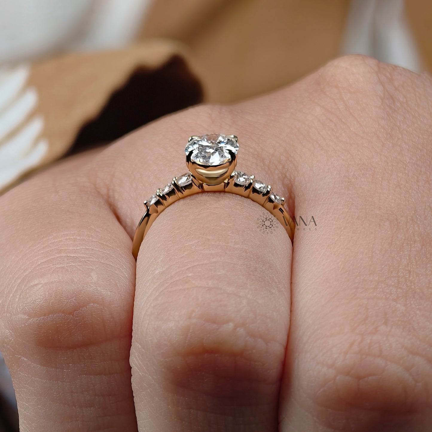 Oval Moissanite Engagement Ring with Round Side Stone Wedding Ring