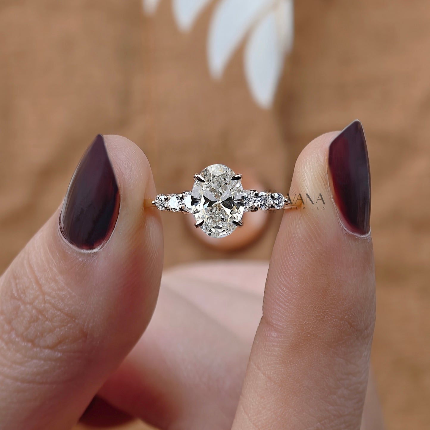 Oval Moissanite Engagement Ring with Round Side Stone Wedding Ring