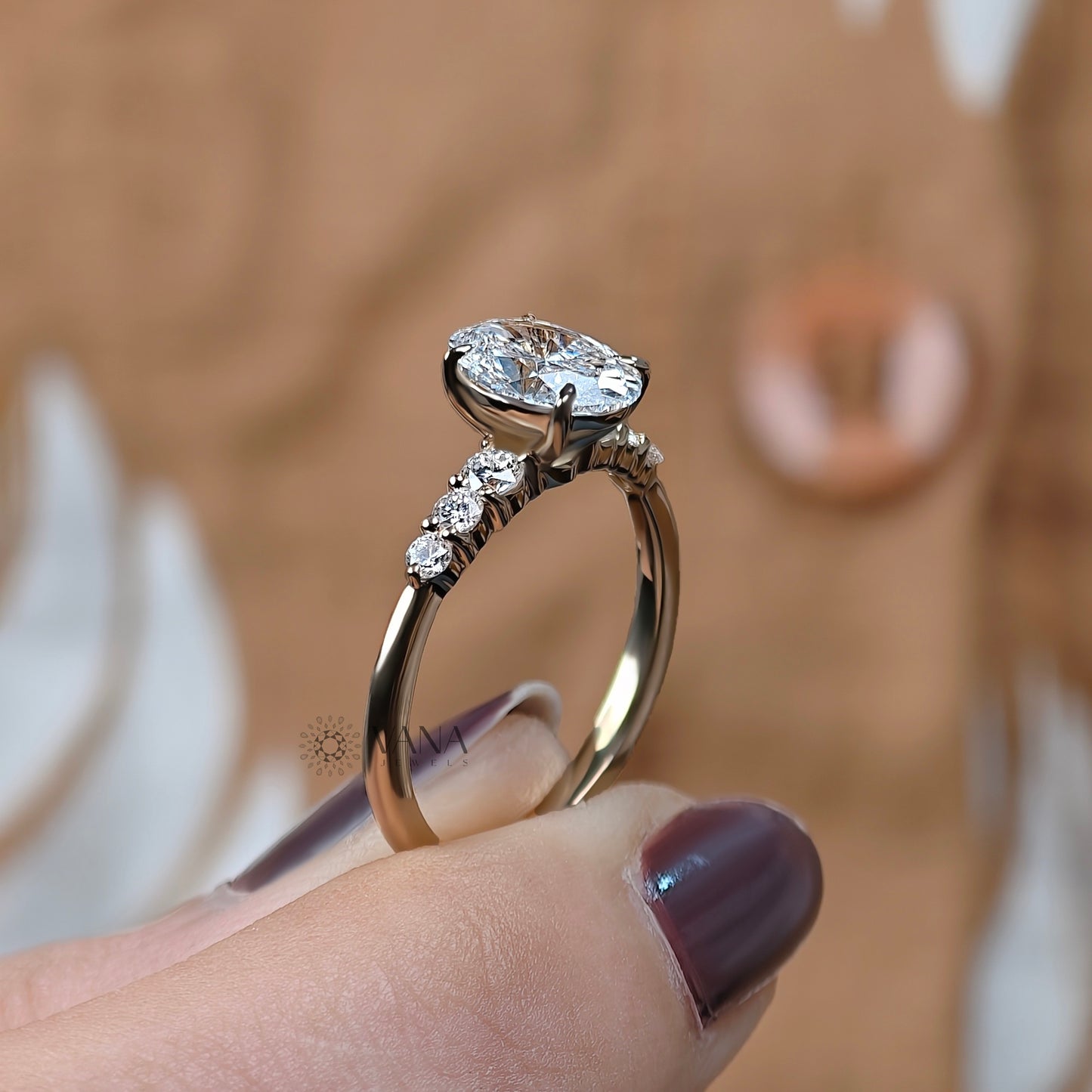 Oval Moissanite Engagement Ring with Round Side Stone Wedding Ring