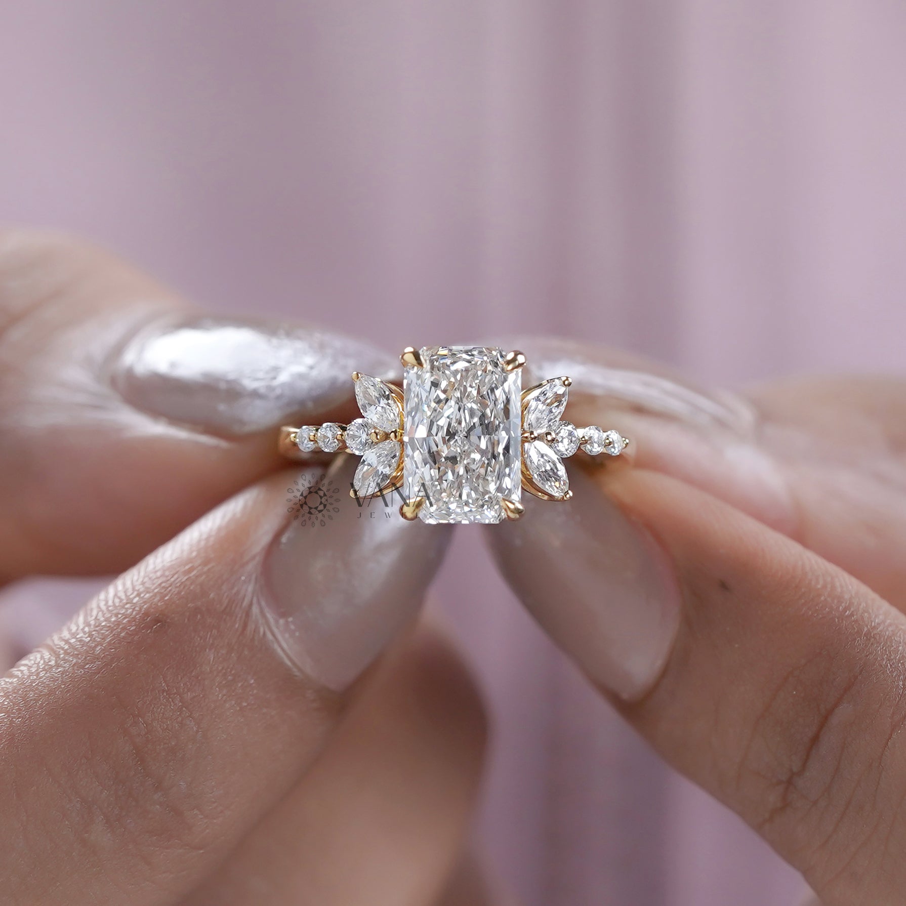 Unique Radiant Lab Grown Diamond Ring with Marquise and Round Accents