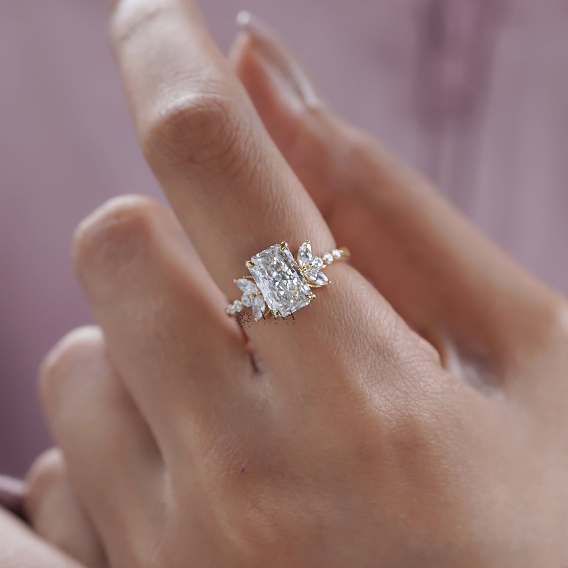 Unique floral design radiant diamond ring 
