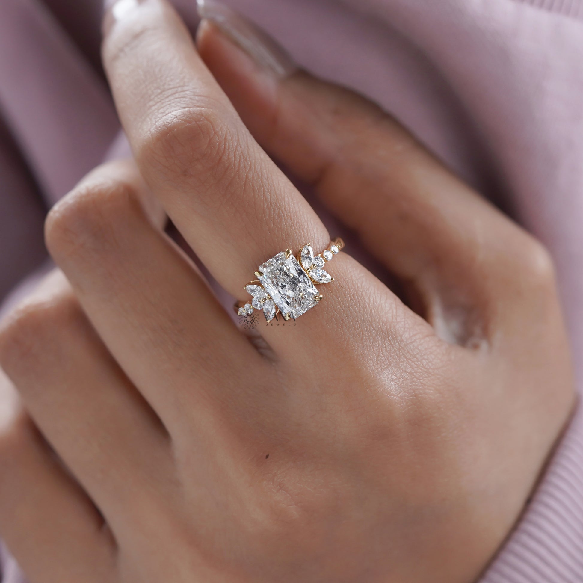 Floral Cluster Radiant Cut Lab Diamond Ring
