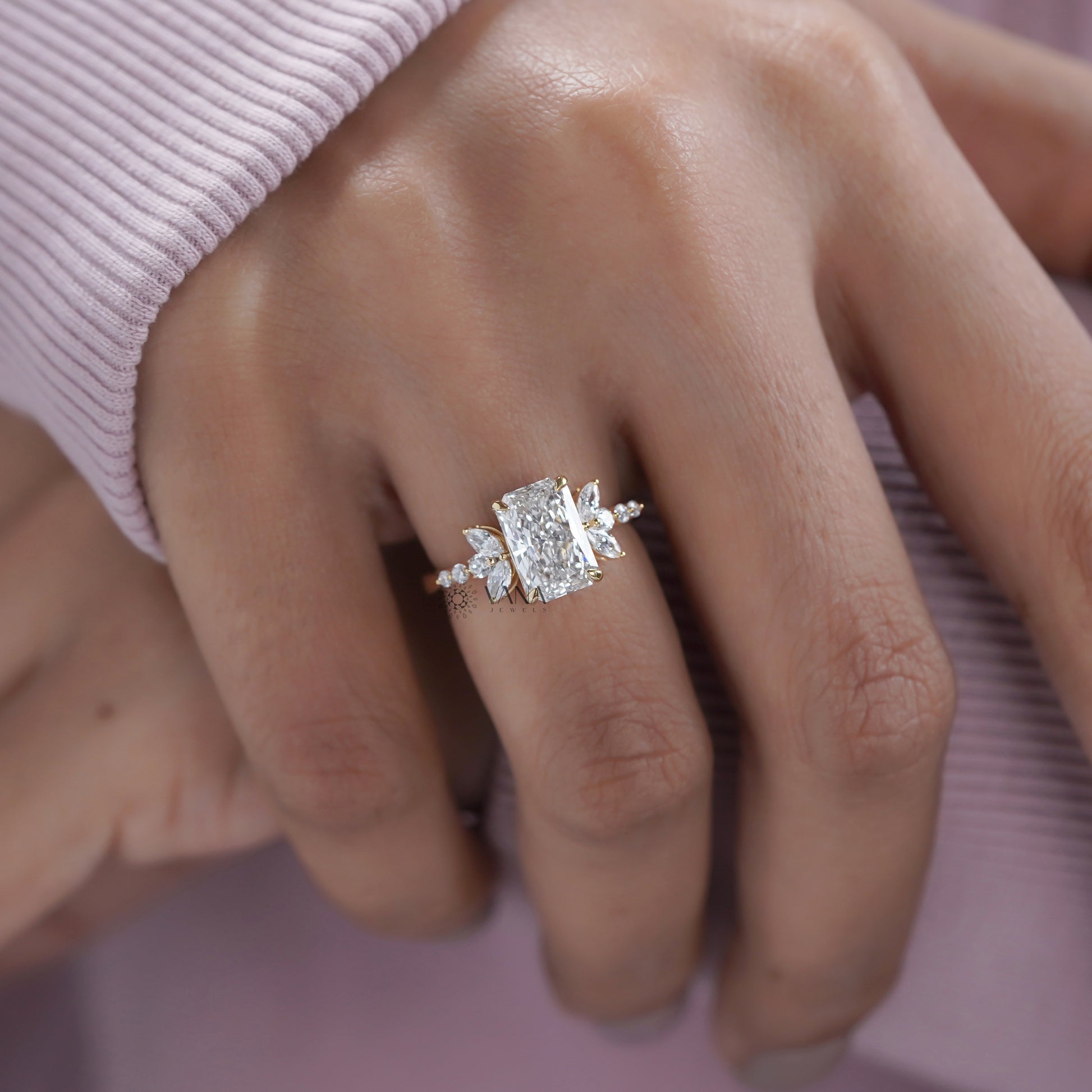 Vintage Style Radiant Cut Engagement Ring with Lab Grown Diamonds 
