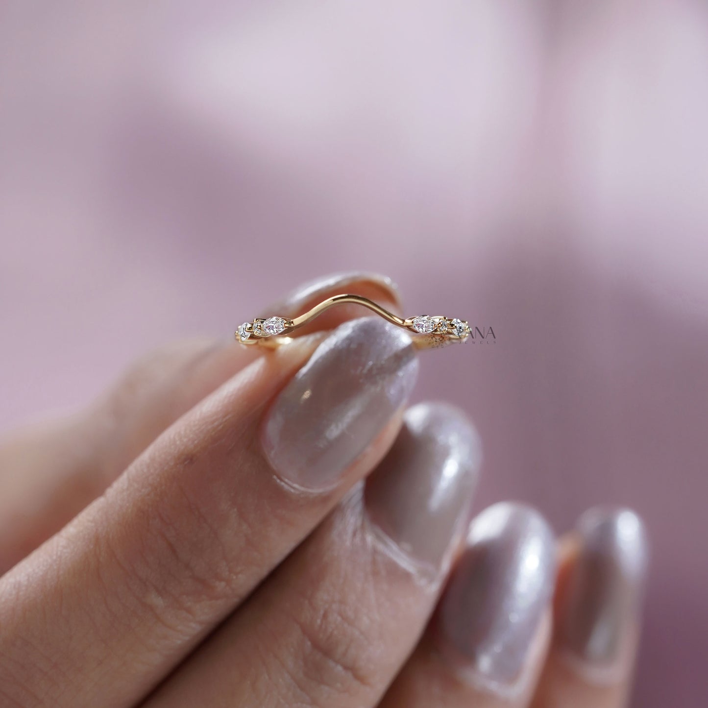 Curved Marquise and Round Moissanite Chevron Wedding Band in Solid Gold