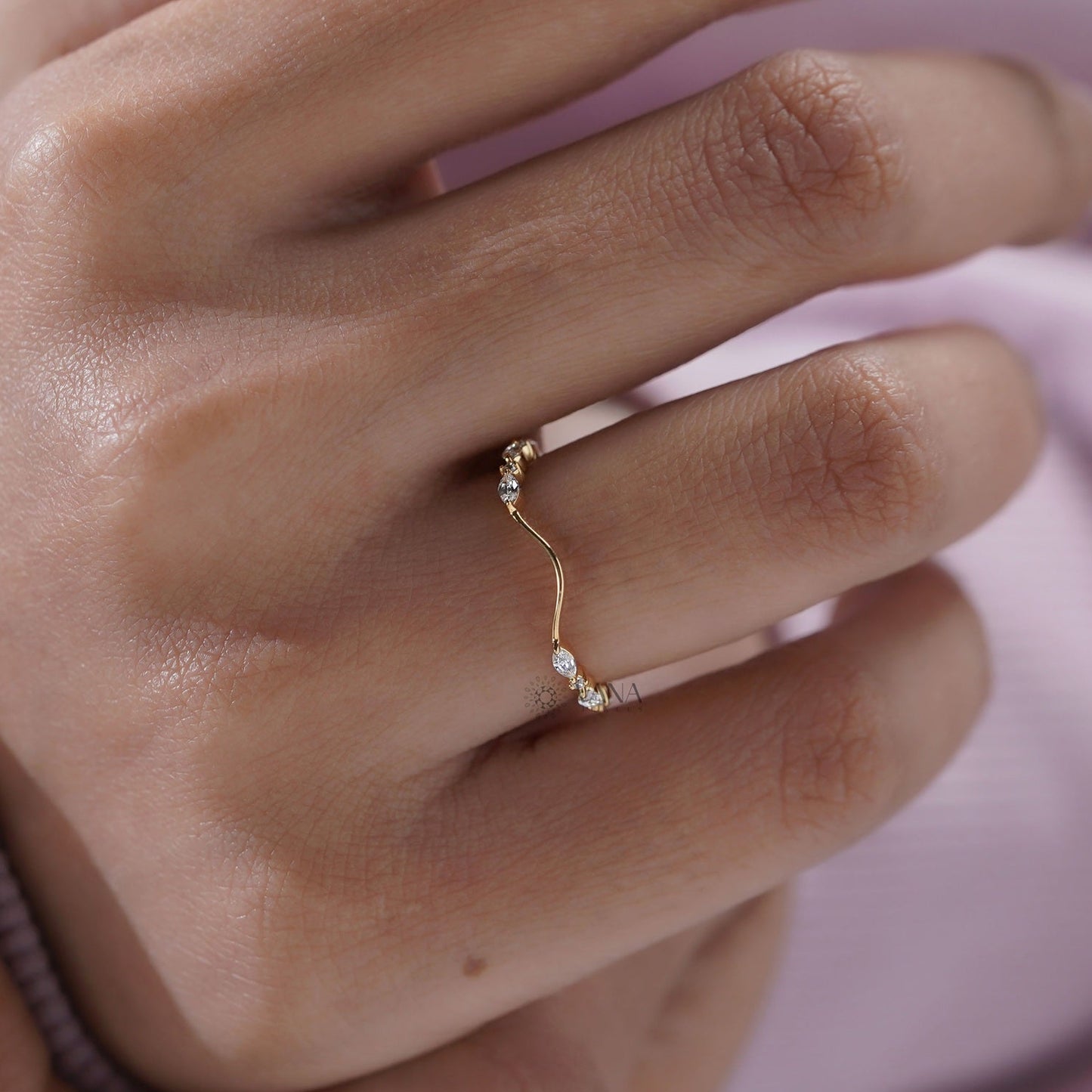 Curved Marquise and Round Moissanite Chevron Wedding Band in Solid Gold
