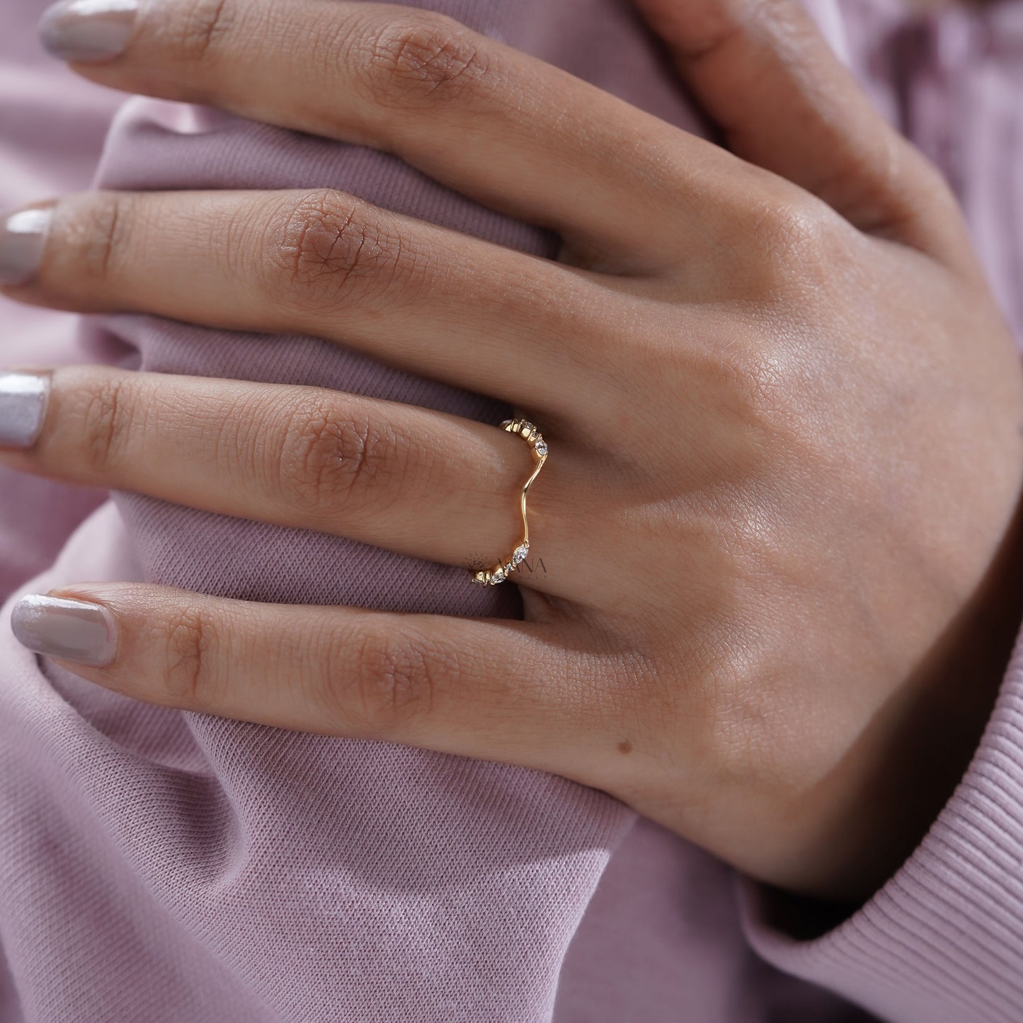 Curved Marquise and Round Moissanite Chevron Wedding Band in Solid Gold