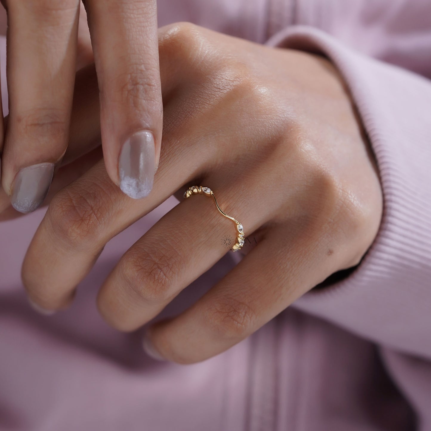 Curved Marquise and Round Moissanite Chevron Wedding Band in Solid Gold