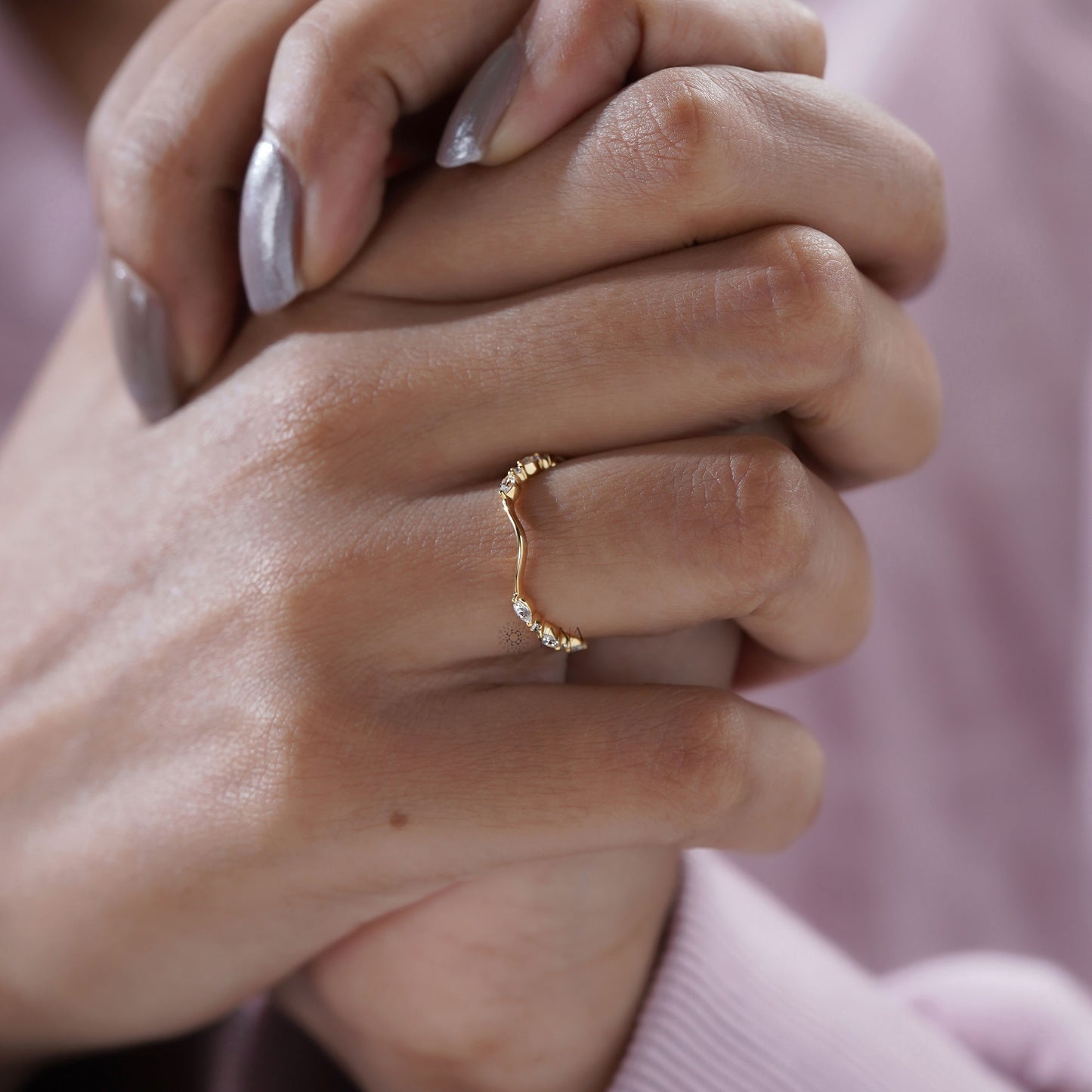 Curved Marquise and Round Moissanite Chevron Wedding Band in Solid Gold