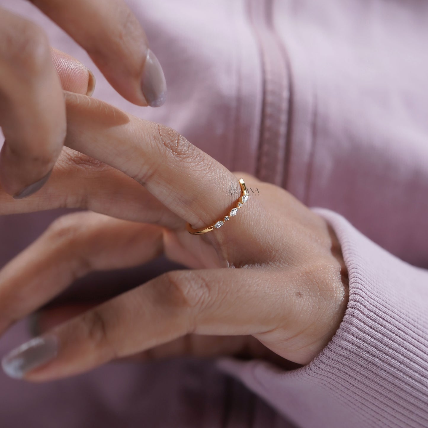 Curved Marquise and Round Moissanite Chevron Wedding Band in Solid Gold
