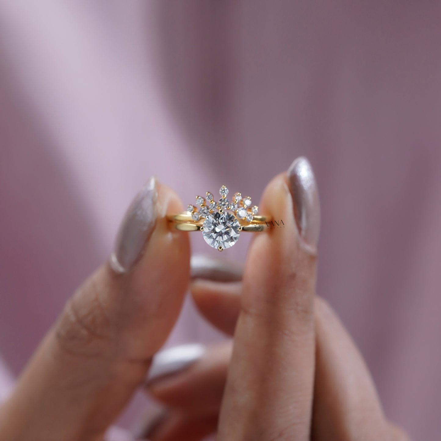 Round Lab Grown Diamond Solitaire Engagement Ring Set with Curved Wedding Band