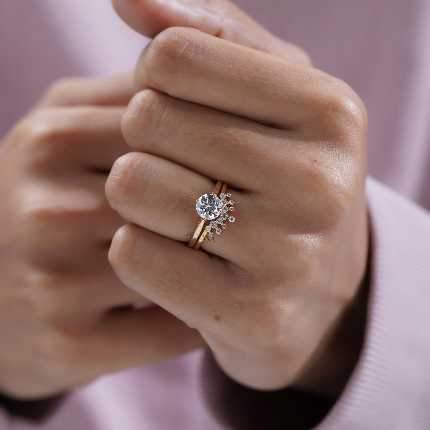 Round Lab Grown Diamond Solitaire Engagement Ring Set with Curved Wedding Band