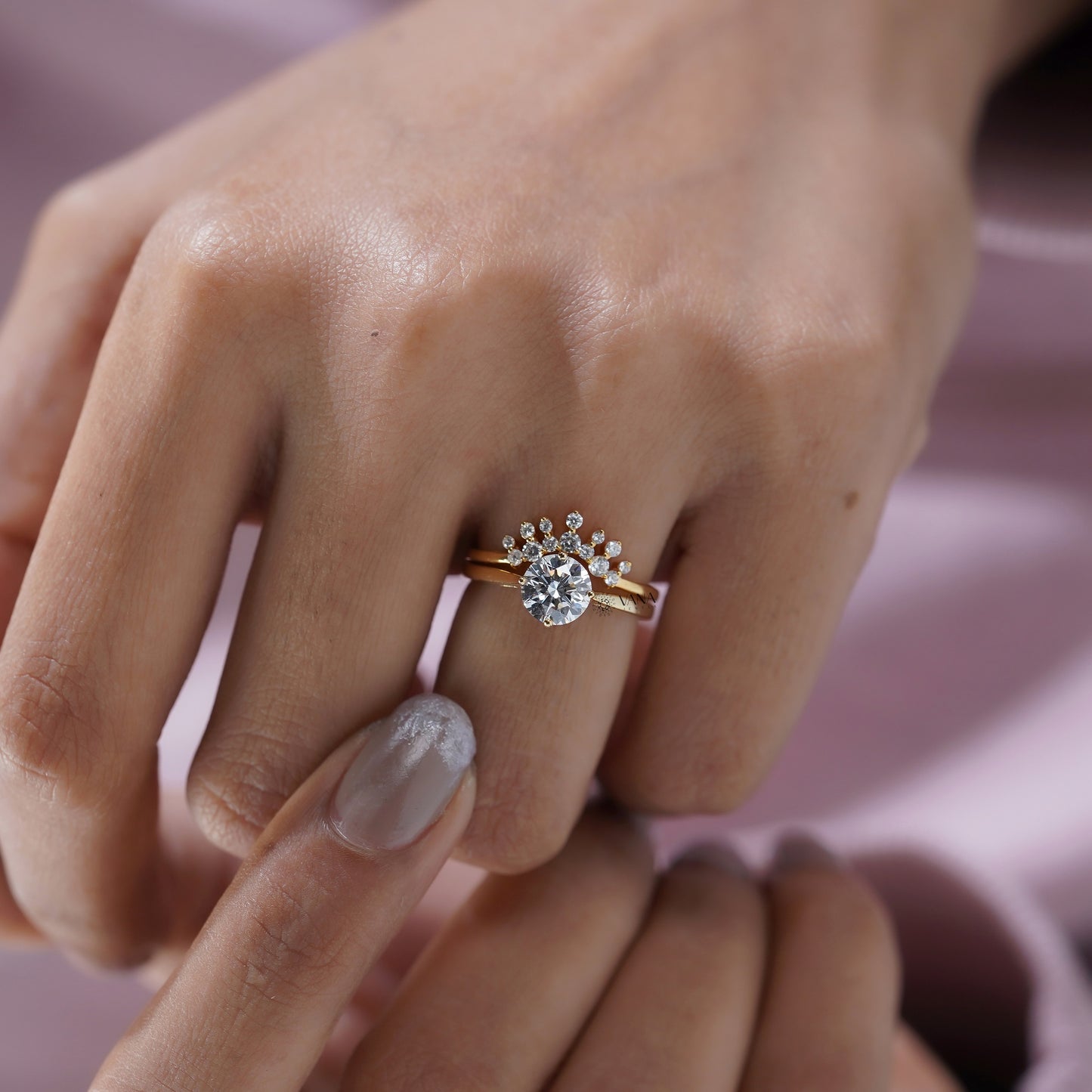 Round Lab Grown Diamond Solitaire Engagement Ring Set with Curved Wedding Band