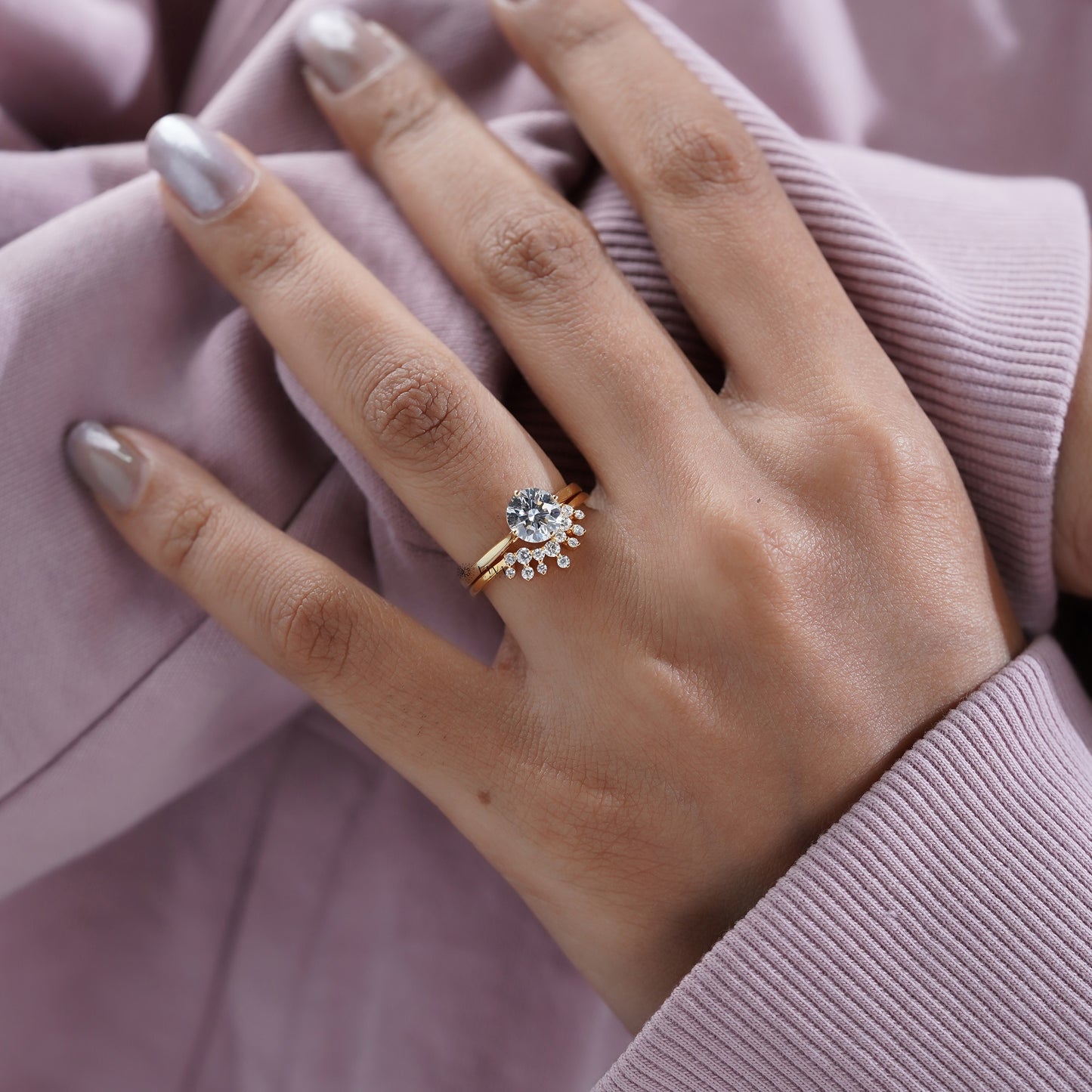 Round Lab Grown Diamond Solitaire Engagement Ring Set with Curved Wedding Band