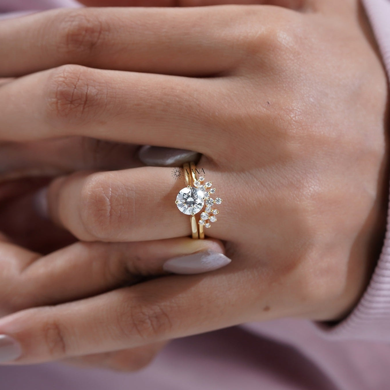 Round Lab Grown Diamond Solitaire Engagement Ring Set with Curved Wedding Band