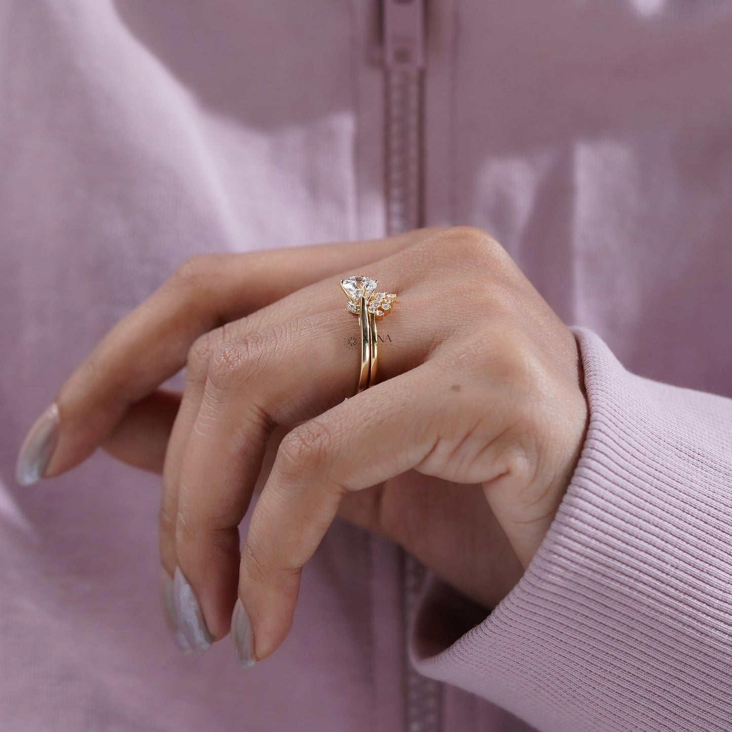 Round Lab Grown Diamond Solitaire Engagement Ring Set with Curved Wedding Band